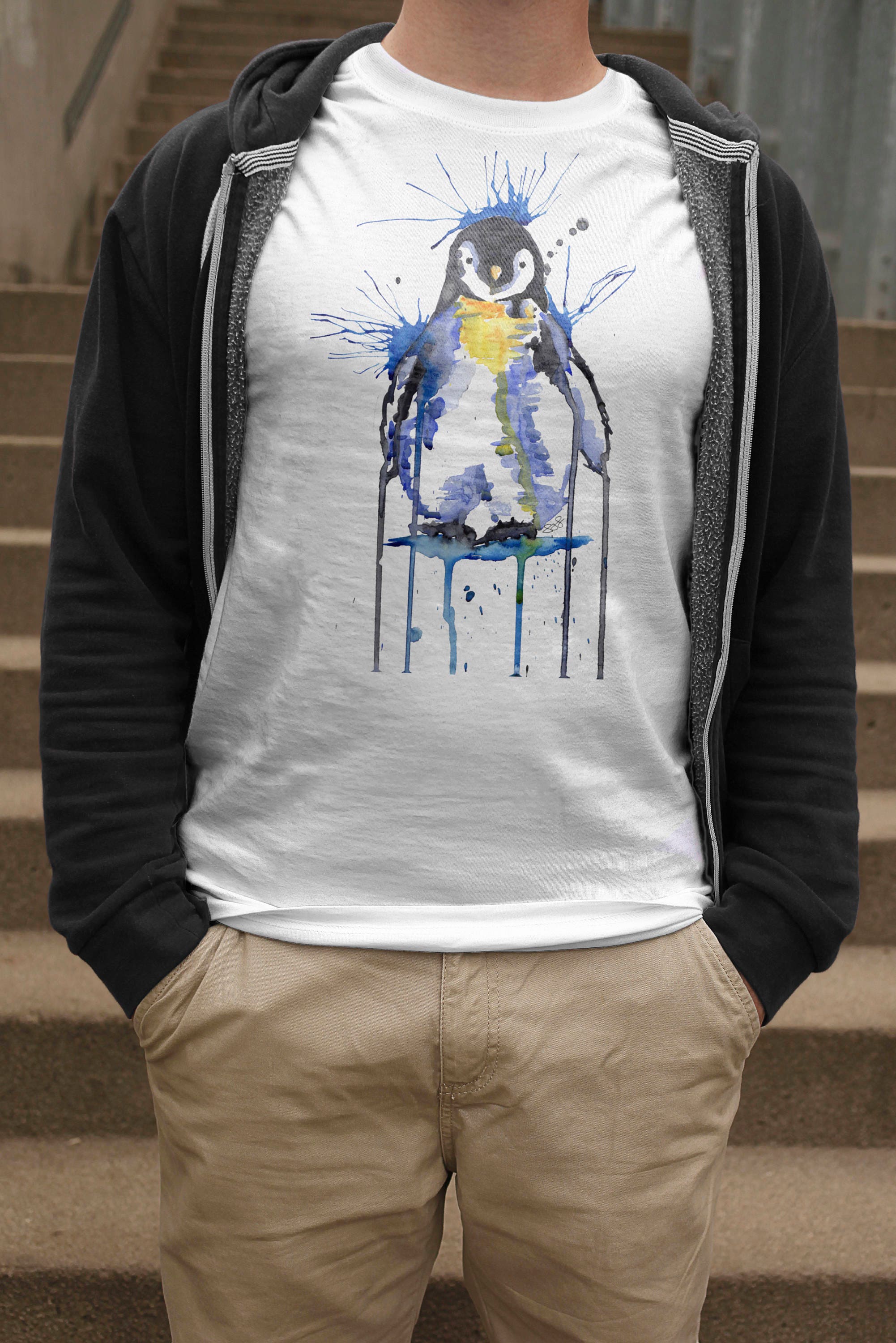 Image of Mens Penguin T-Shirt, Chick Tshirt, Christmas Shirt, Fluffy Clothing, Gifts For Him, Xmas Present Ideas, Watercolour
