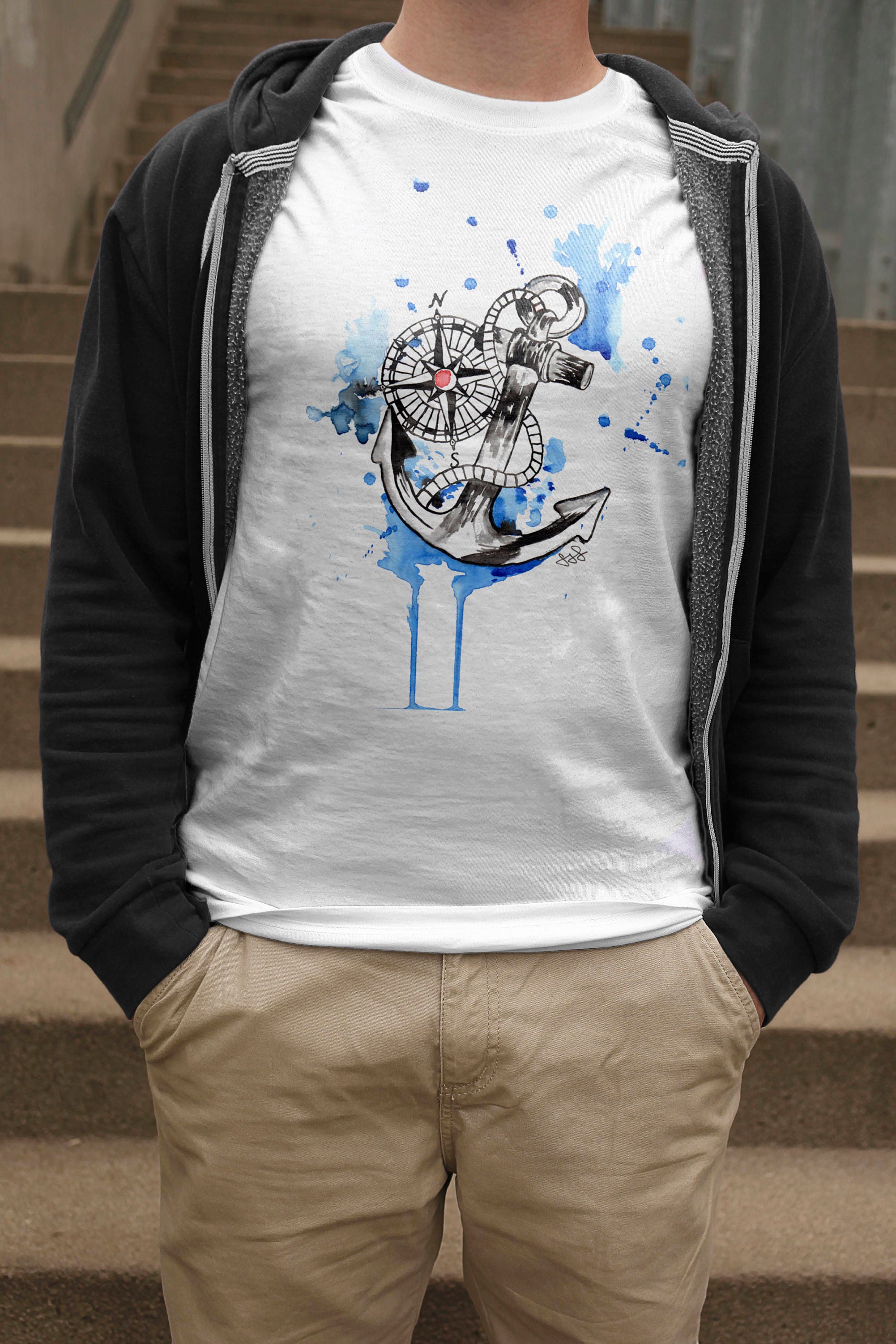 Image of Mens Nautical T-Shirt, Watercolour Anchor Tshirt, Painted Compass Shirt, Sailor Gift, Marine Husband, Love Sailing, Gifts For Him, Man