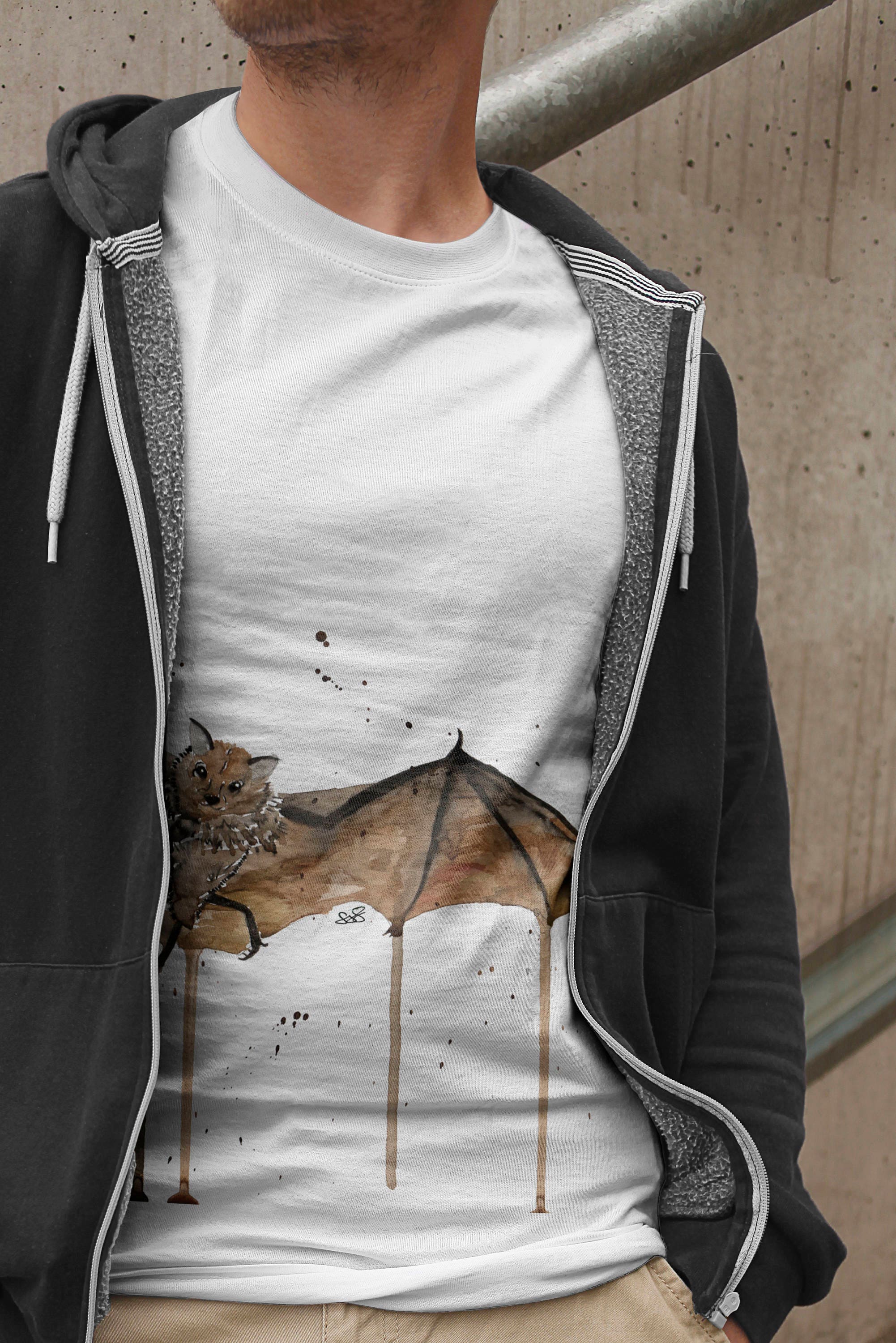 Image of Fruit Bat T-Shirt, Lover Gift, Halloween Style Tshirt, Flying Shirt, Gifts For Him, Watercolour Pipistrell Clothing, Vampire Top