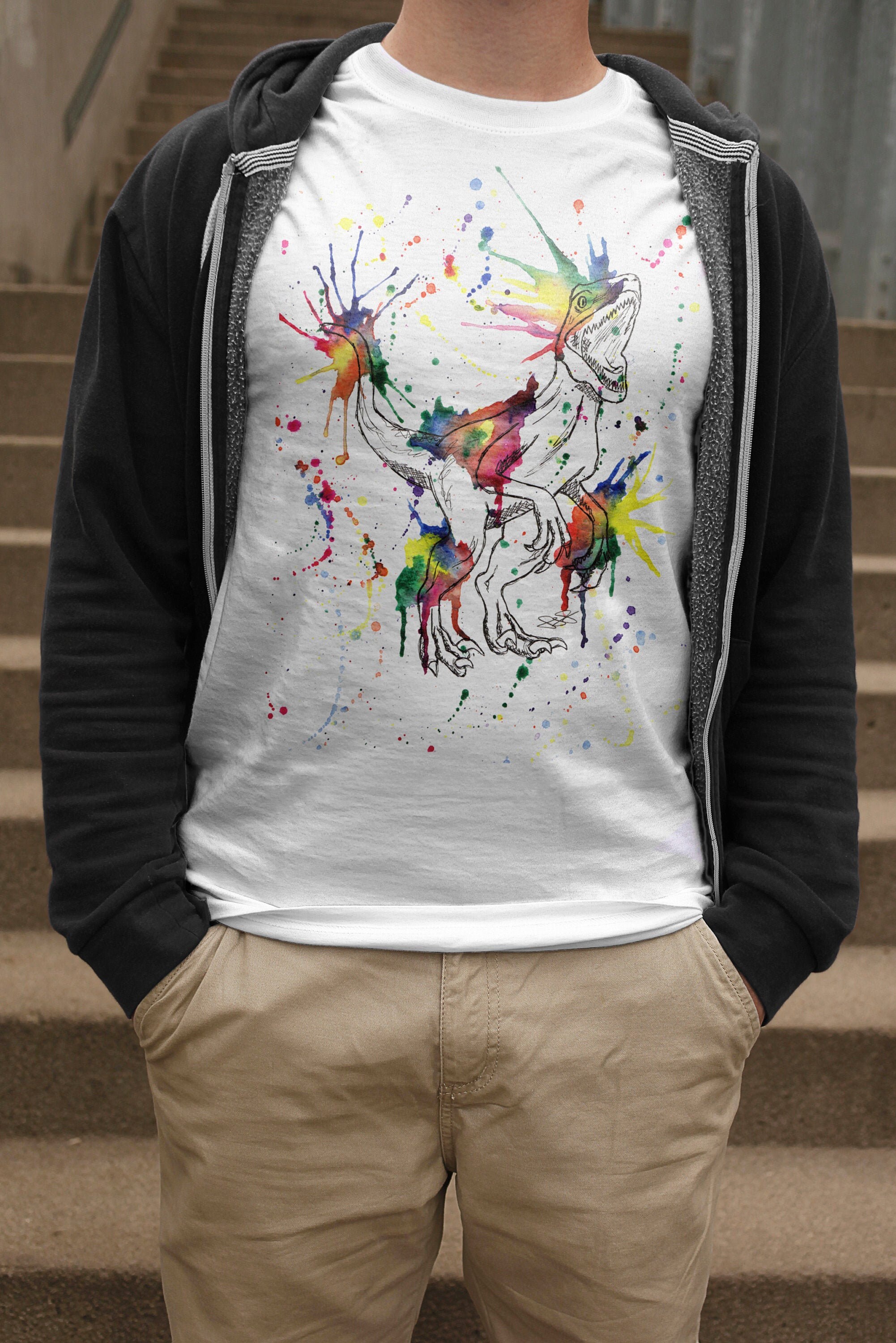 Image of Rainbow Velicoraptor T-Shirt, Abstract Raptor Tshirt, Watercolour Dinosaur Shirt, Gifts For Him, Dino Lover Present, Jurassic Tee