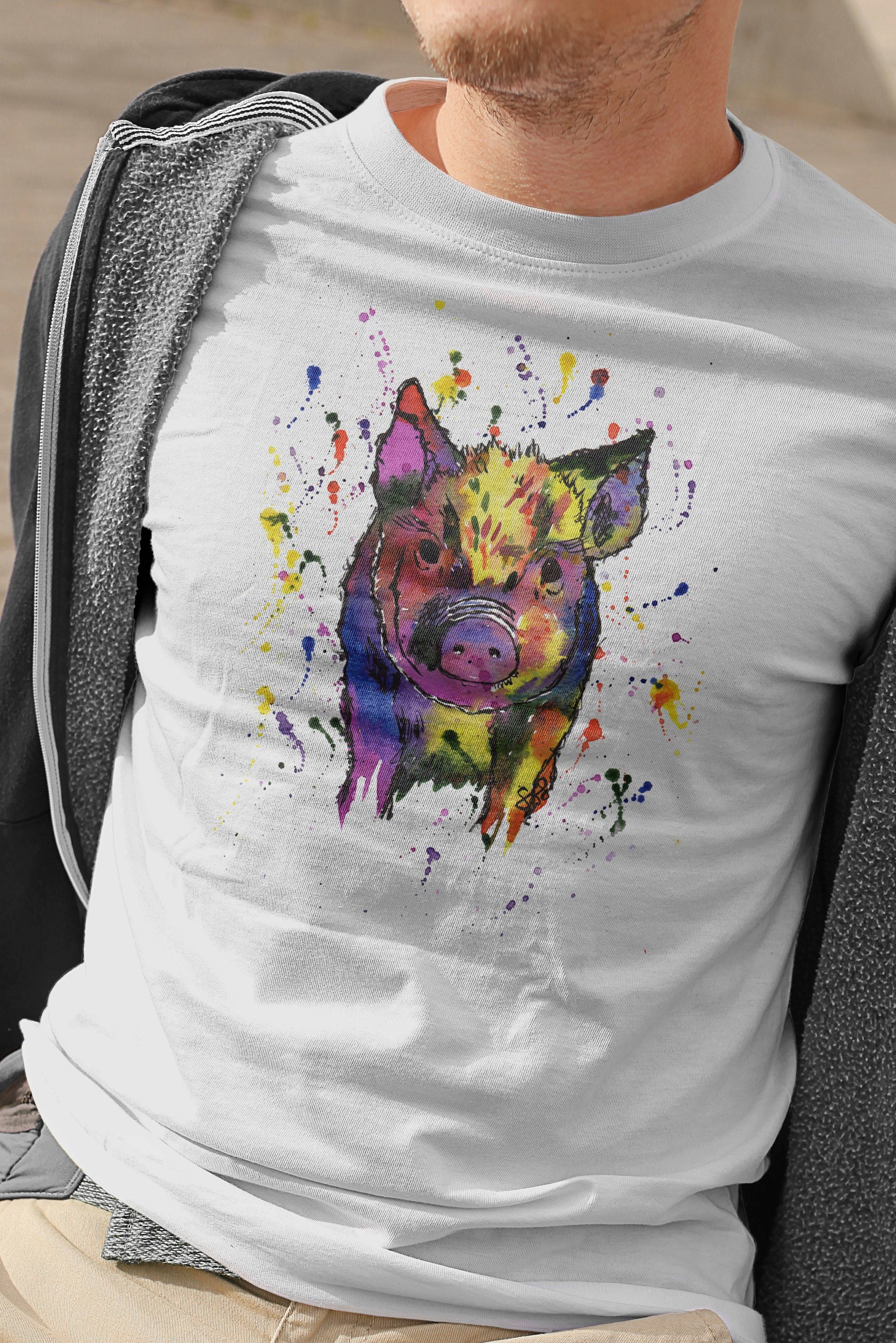 Image of Mens Rainbow Percy Pig T-Shirt, Piggy Piglet Farm Animal Abstract Bright Lover Tee Top Shirt Gift