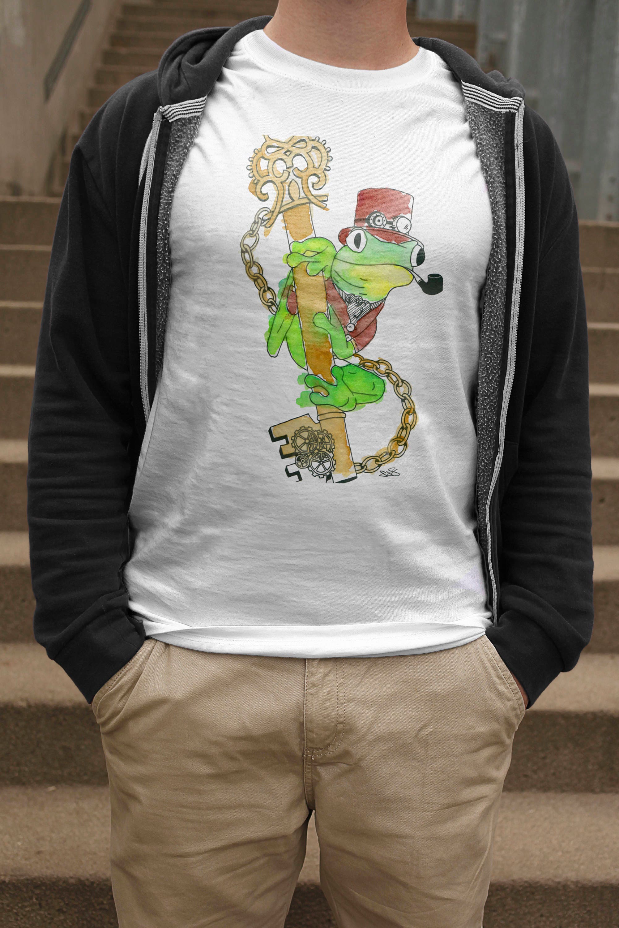 Image of Mens Frog T-Shirt, Steampunk Animals Tshirt, Clock Key Shirt, Lover Gift, Tree Tee, in Clothes, Gifts For Him, Man