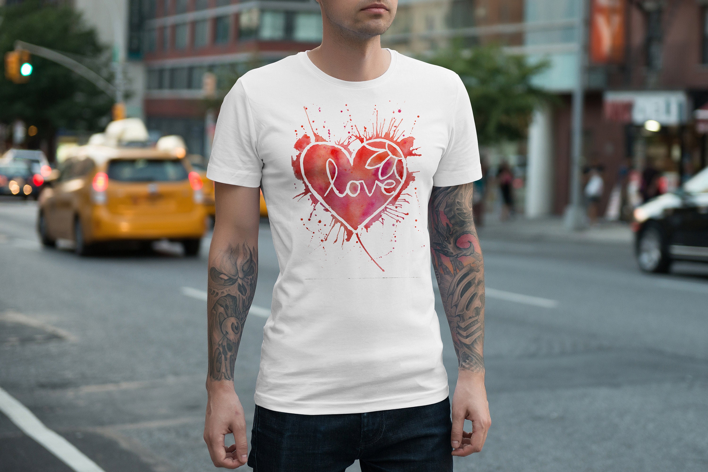 Image of Mens Heart T-Shirt, Love Tshirt, Valentines Lover Shirt, Anniversary Clothing, Watercolour Hearts Gift, Cotton Tee
