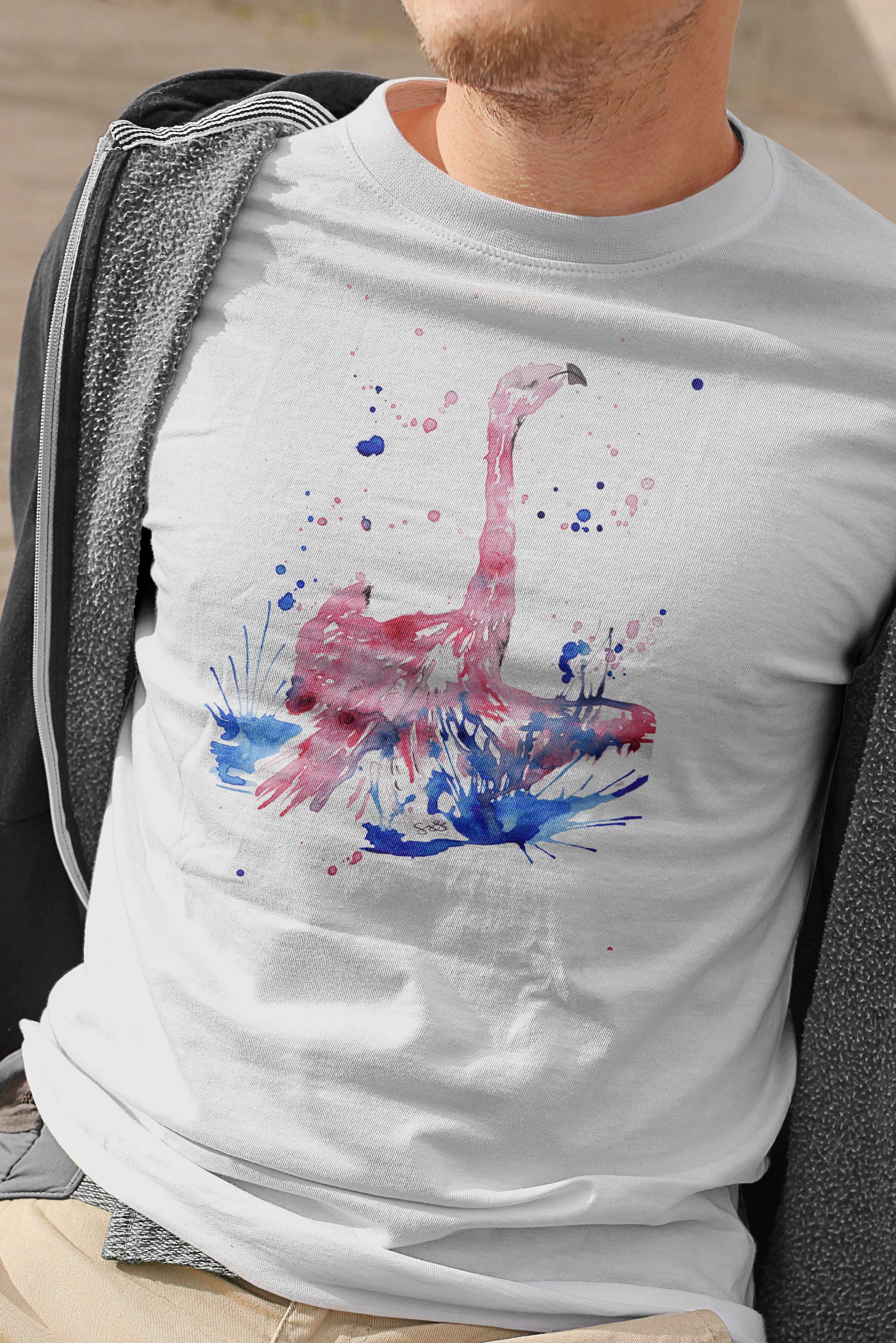 Image of Mens Flamingo T-Shirt, Pink Bird Tshirt, Lover Shirt, Gifts For Him, Present, Art Lover, Abstract Fathers Day