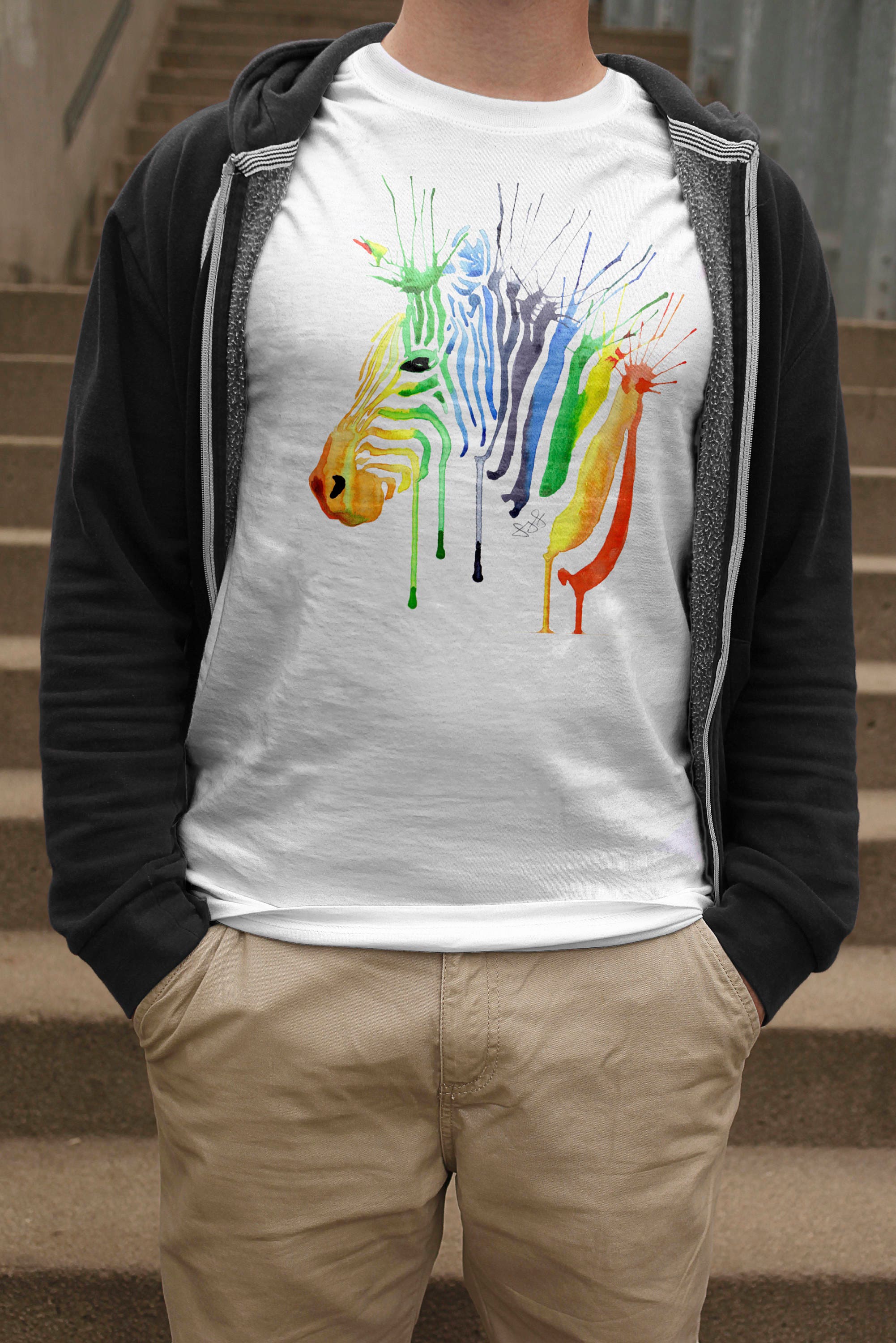 Image of Rainbow Zebra T-Shirt, Watercolour Tshirt, Multi-Coloured Horse Shirt, Print Tee, Stripes Top, Gifts For Him, Lover