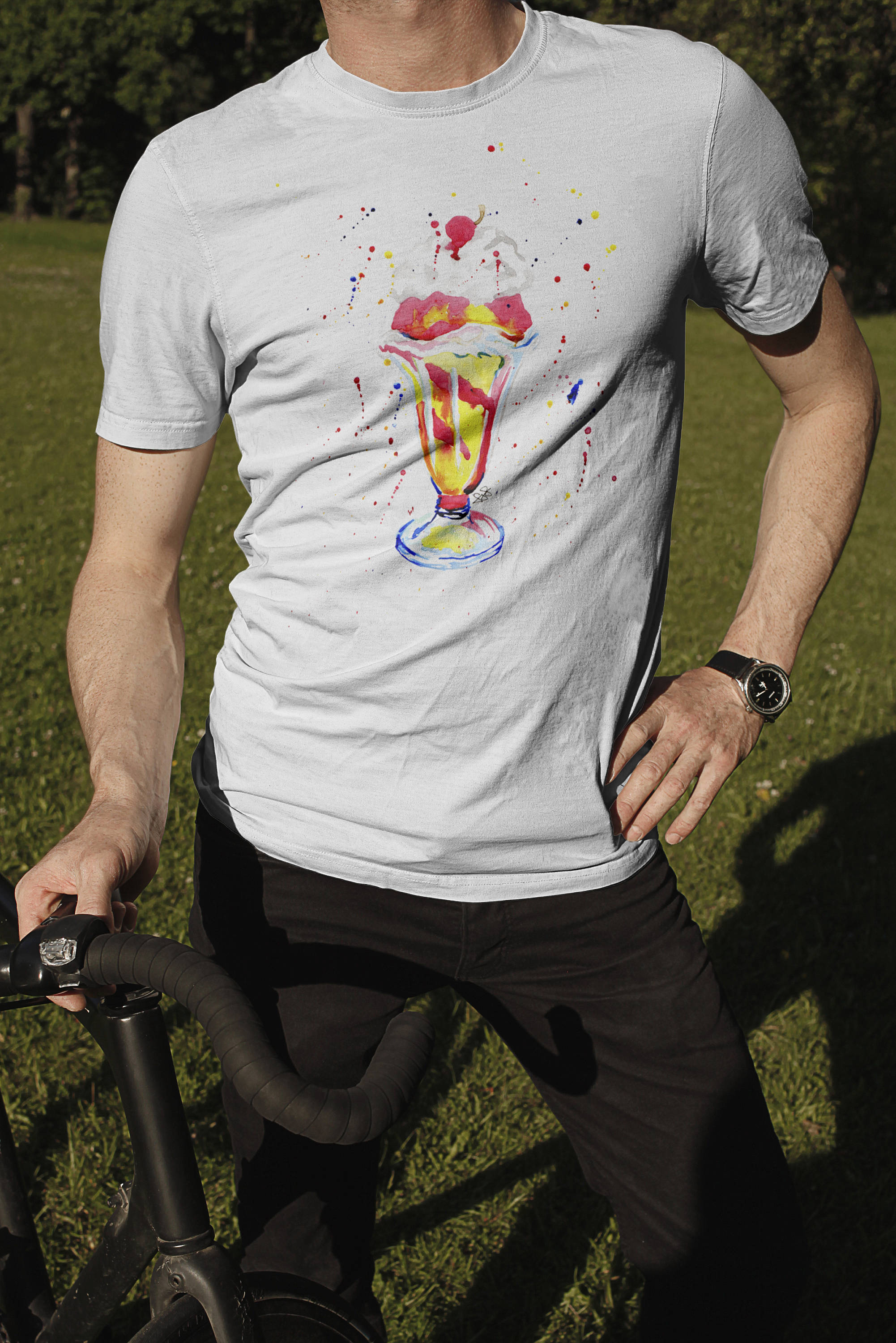 Image of Mens Ice Cream T-Shirt, Sundae Tshirt, Dessert Lover Shirt, Gifts For Him, Clothing, Man Gifts, Watercolour Strawberry