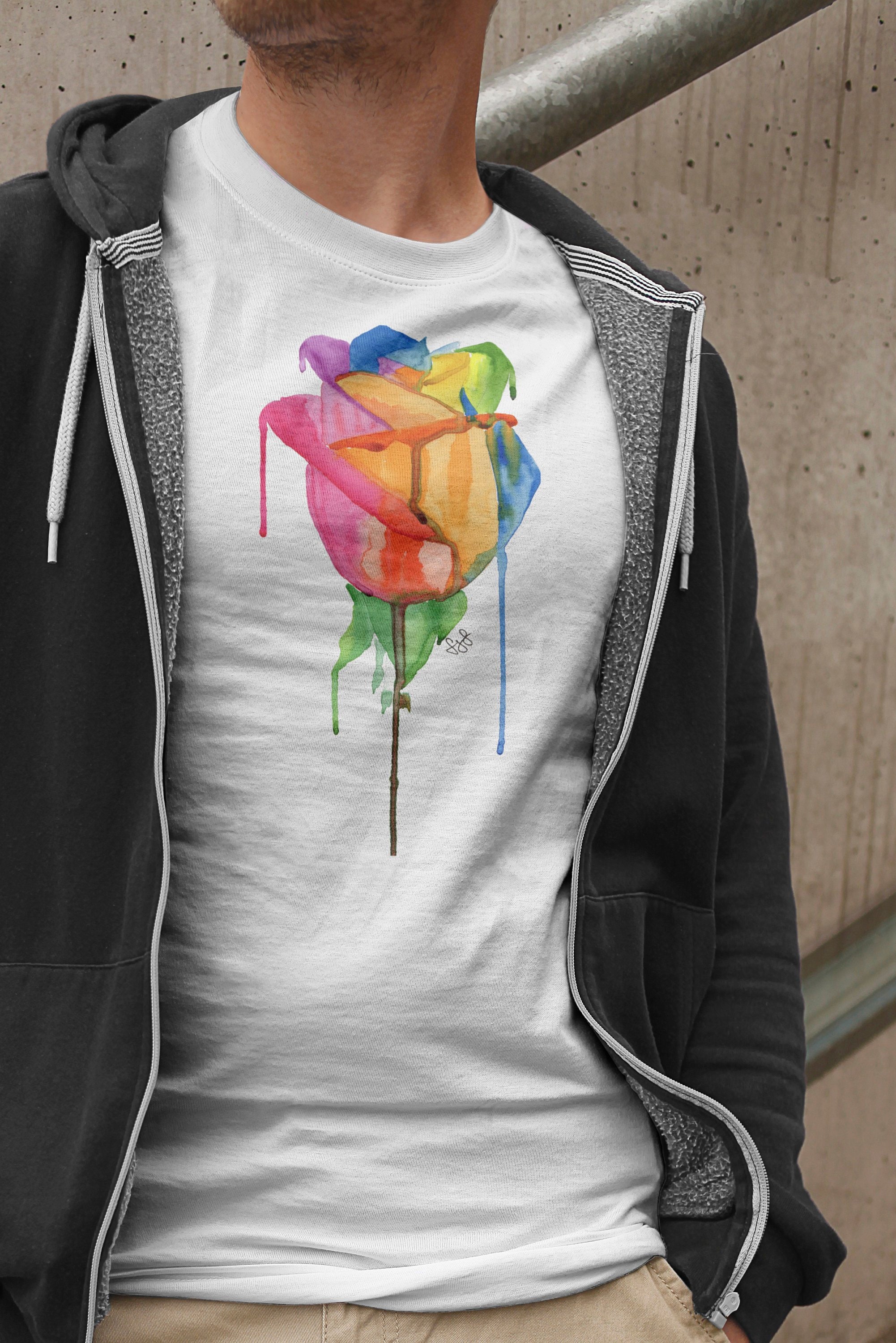 Image of Mens Rainbow Rose T-Shirt, Gardening Nature Flower Floral Tee Top Shirt Gift