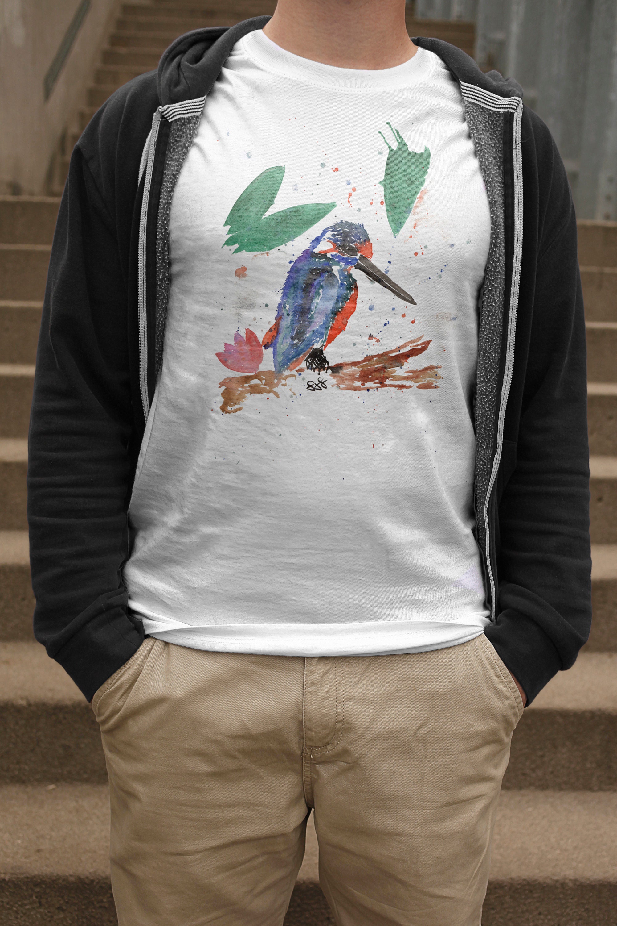 Image of Mens Kingfisher T-Shirt, River Bird Tee, Lover Gift, Men's Birthday Blue Top, Watercolour Tshirt, Gifts For Men