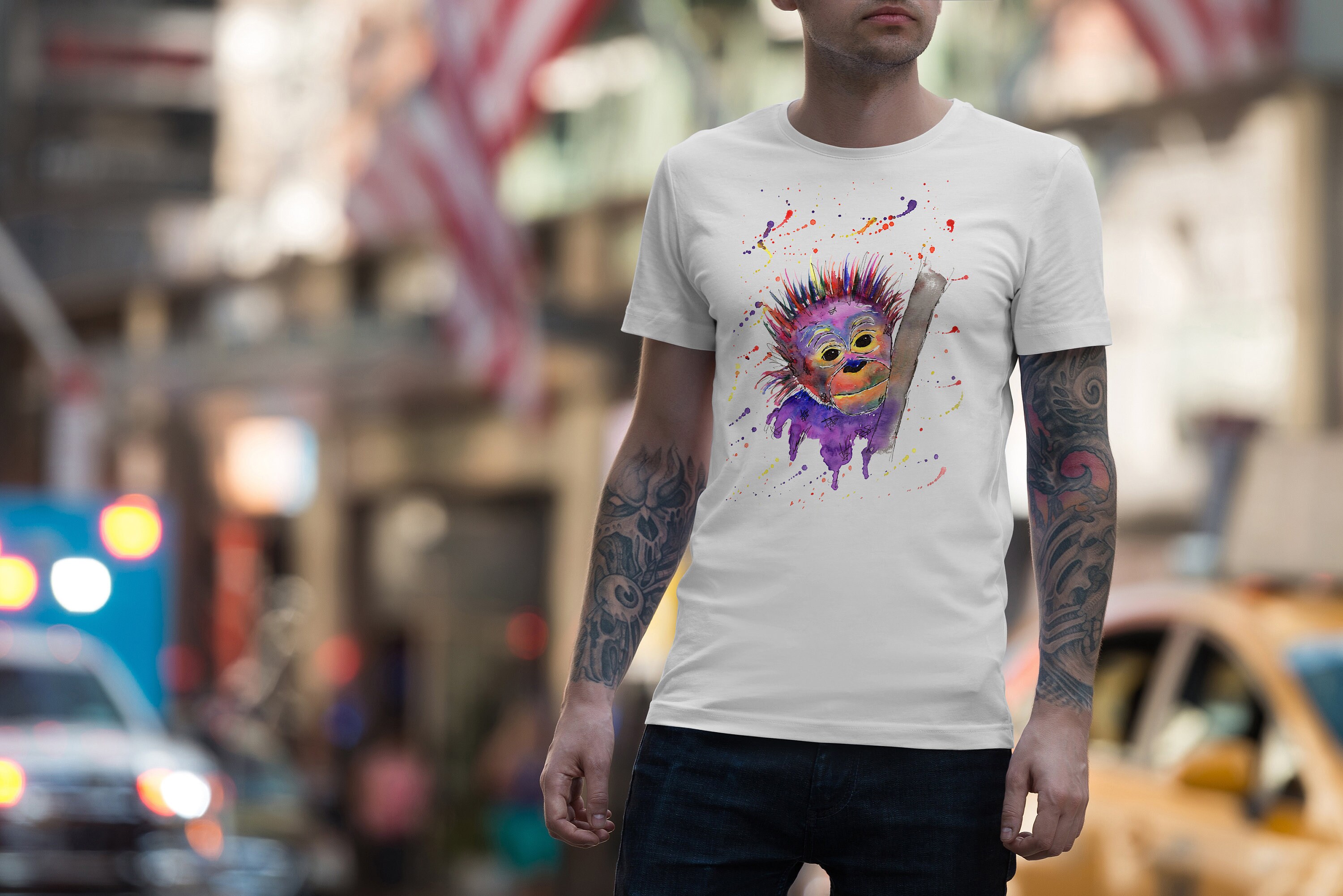 Image of Mens Rainbow Baby Orangutan T-Shirt, Lads Monkey Top Gift Rainforest Ape