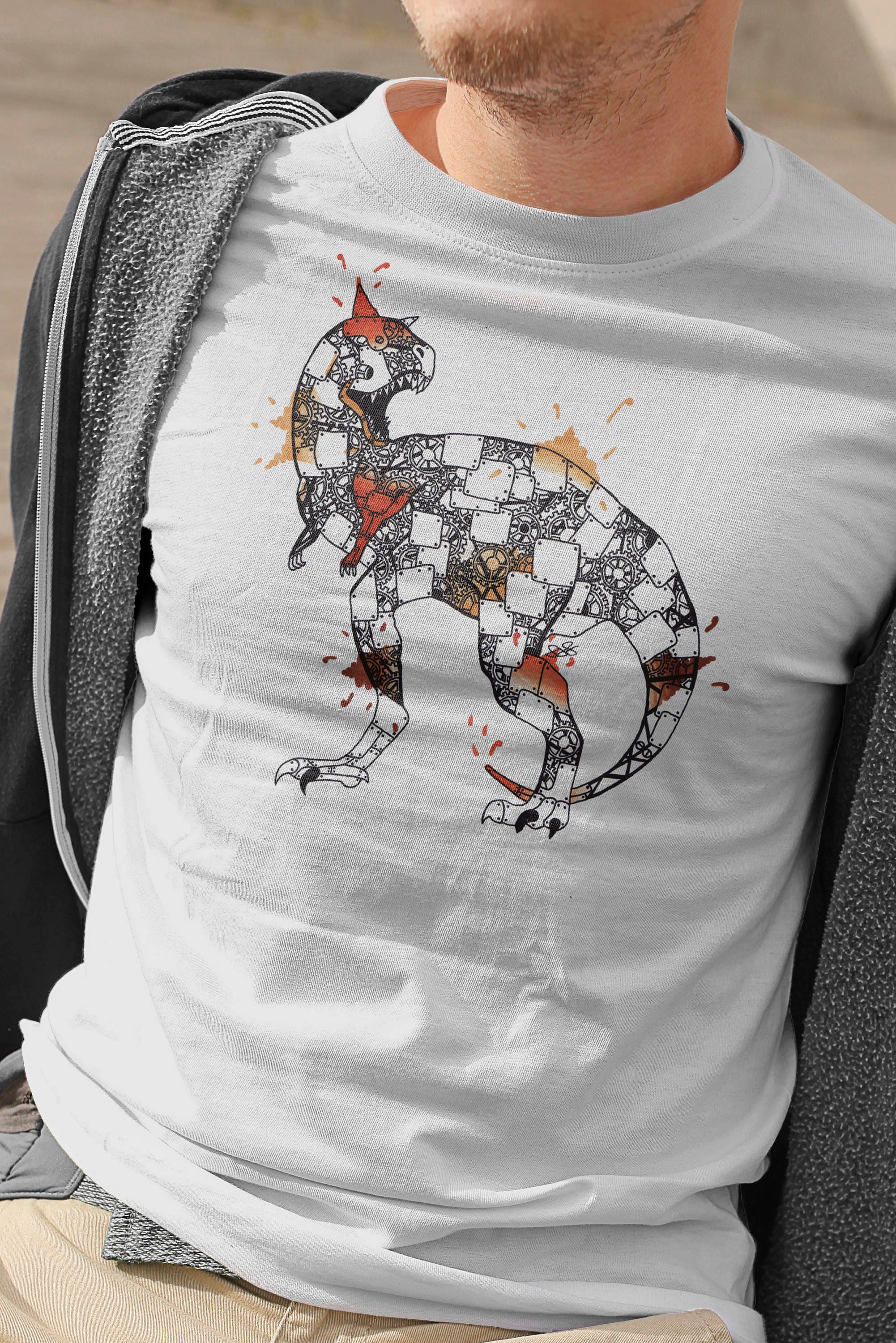 Image of Mens Carnotaur T-Shirt, Steampunk Dinosaur Tshirt, Robot Dino Shirt, Gifts For Him, Lover Present, Animals Collection