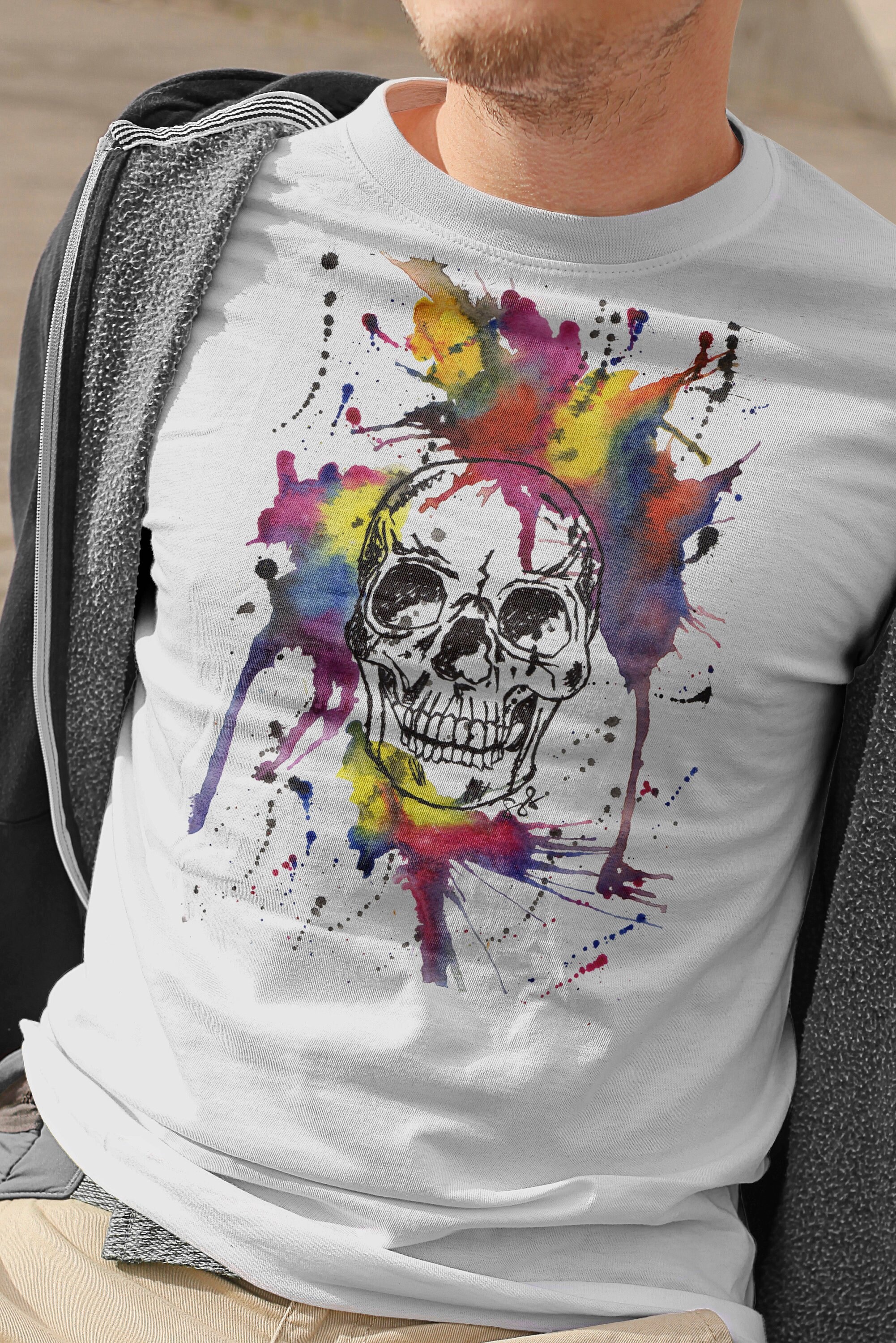 Image of Rainbow Skull T-Shirt, Bright Skeleton Tee, Lover Shirt, Alternative Gift, Boyfriend Birthday Halloween