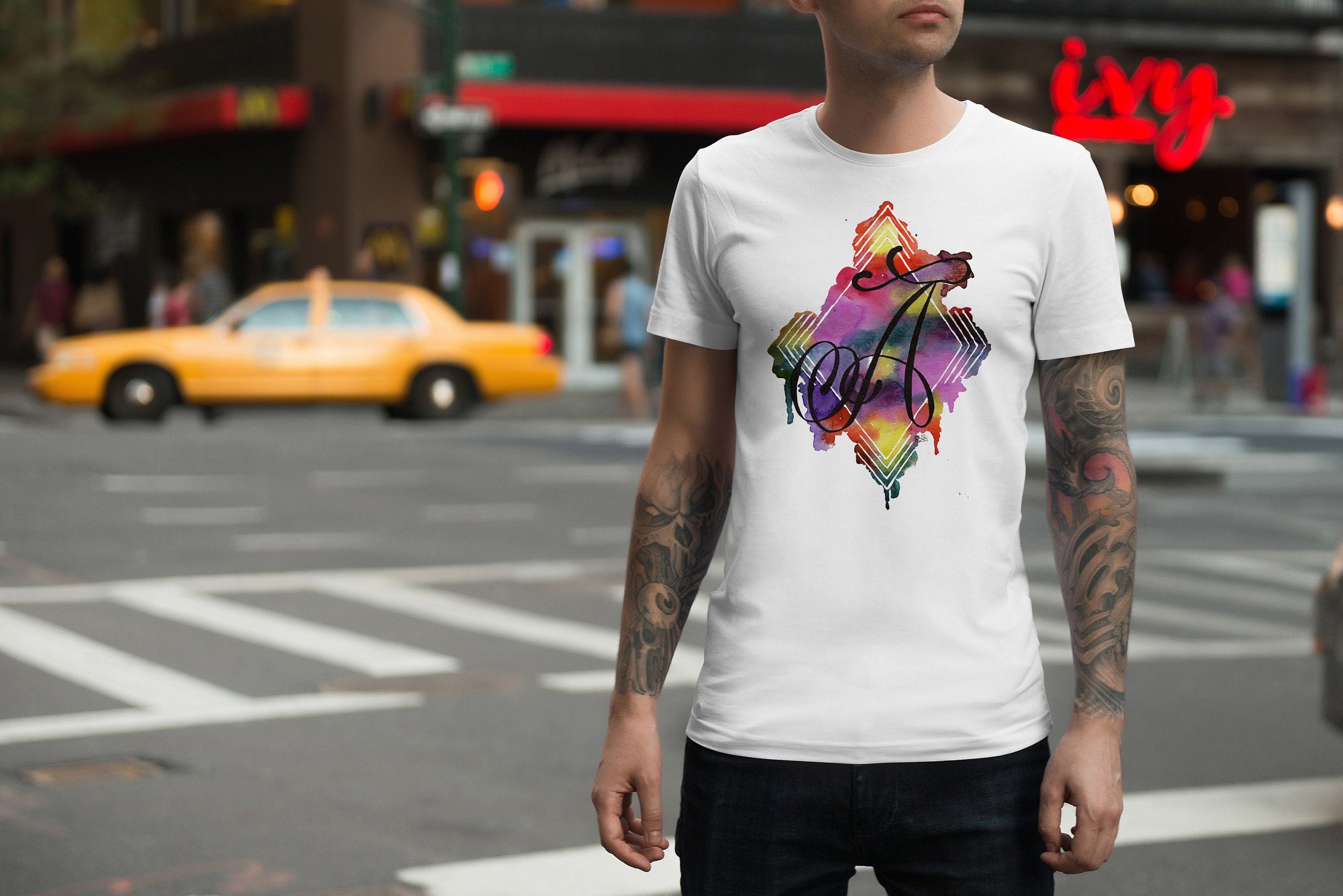Image of Mens Calligraphy A T-Shirt, Rainbow Initial Tshirt Shirt Top Tee Gift