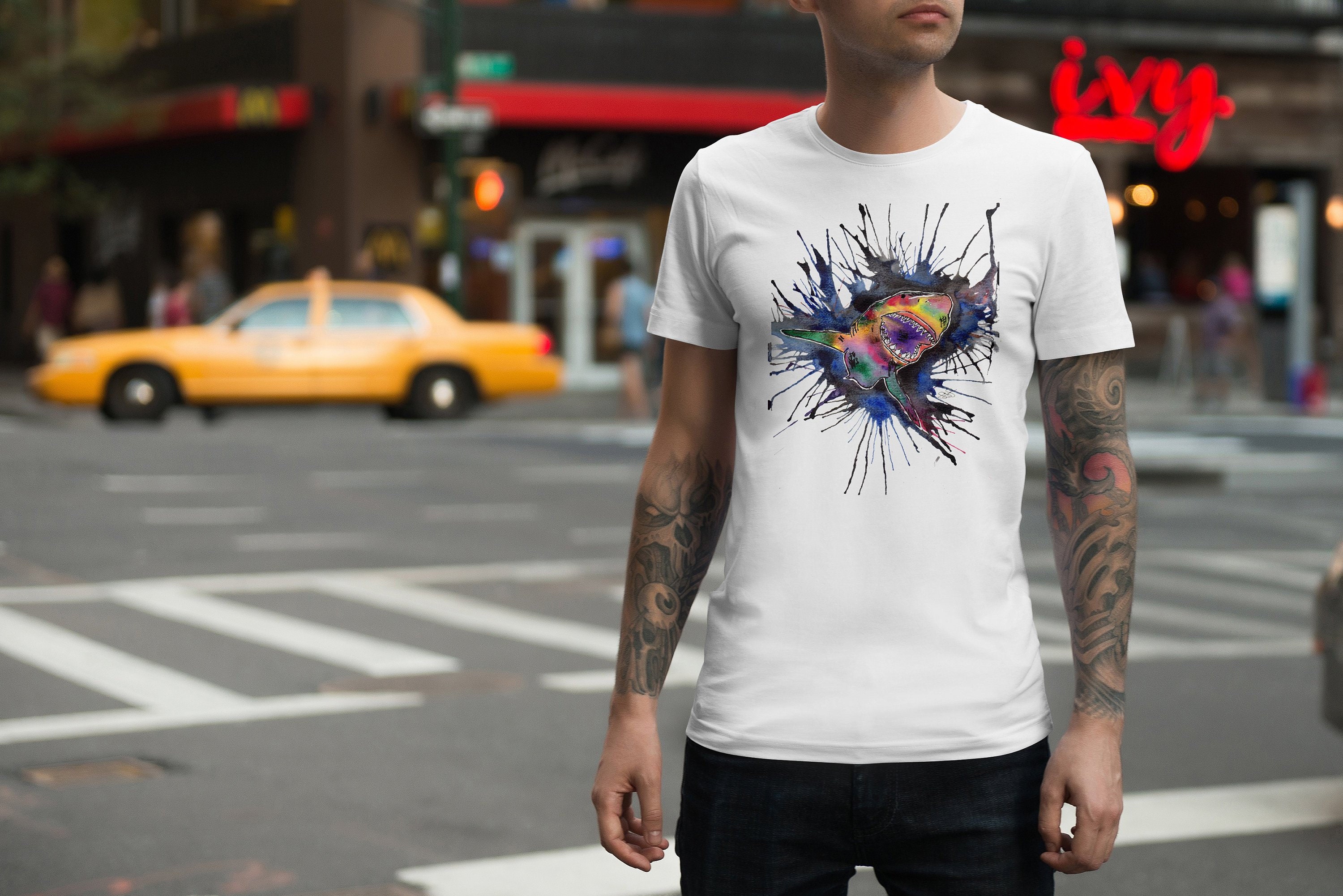 Image of Mens Rainbow Great White Shark T-Shirt, Lads Top