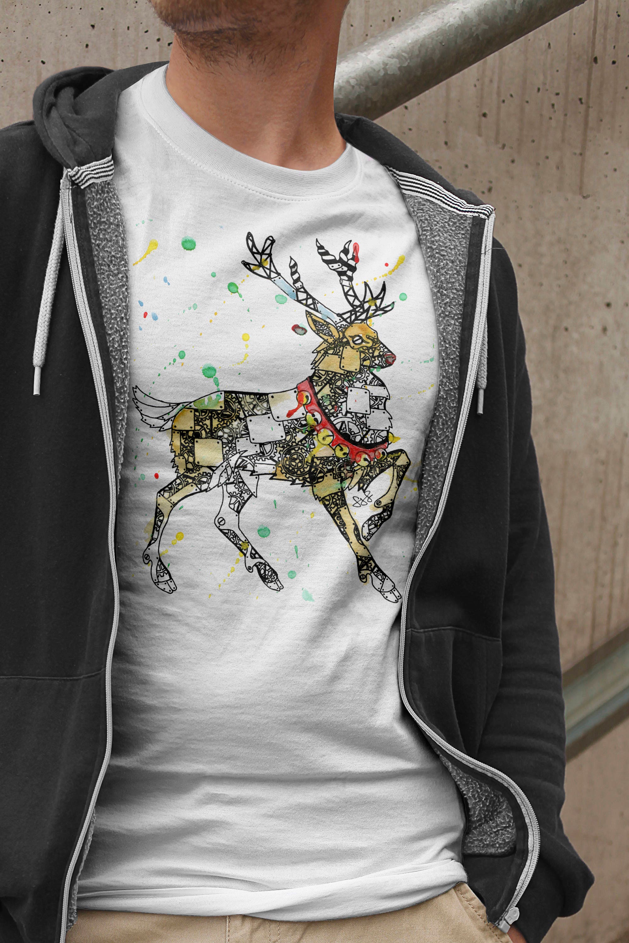 Image of Mens Reindeer T-Shirt, Watercolour Christmas Tshirt, Steampunk Animal Shirt, Robot Tee, Machine Xmas Top, Stocking Filler Presents