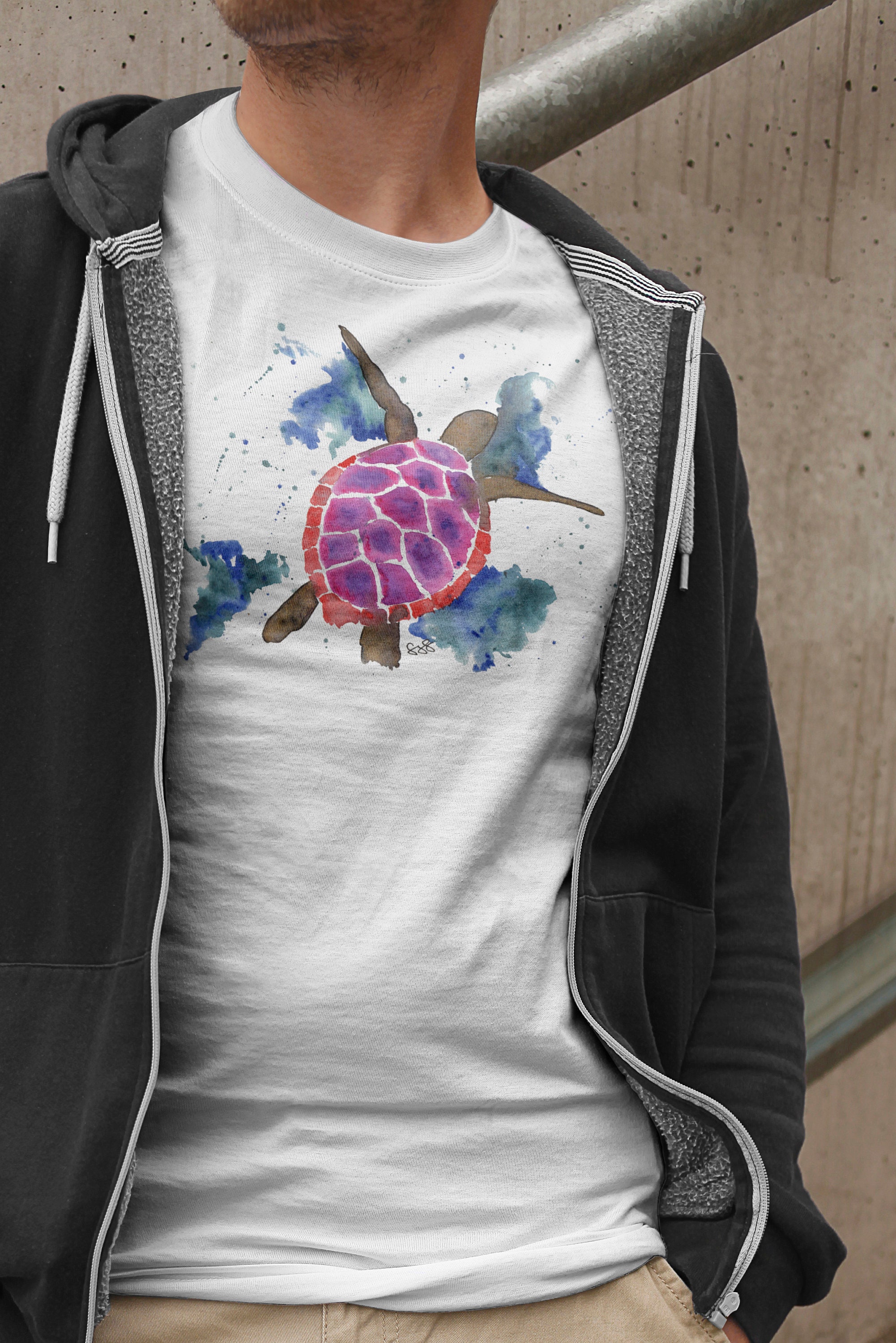 Image of Mens Turtle T-Shirt, Sea Tshirt, Lover Shirt, Gifts For Him, Clothing, Man Gifts, Watercolour Turtle, Fathers Day