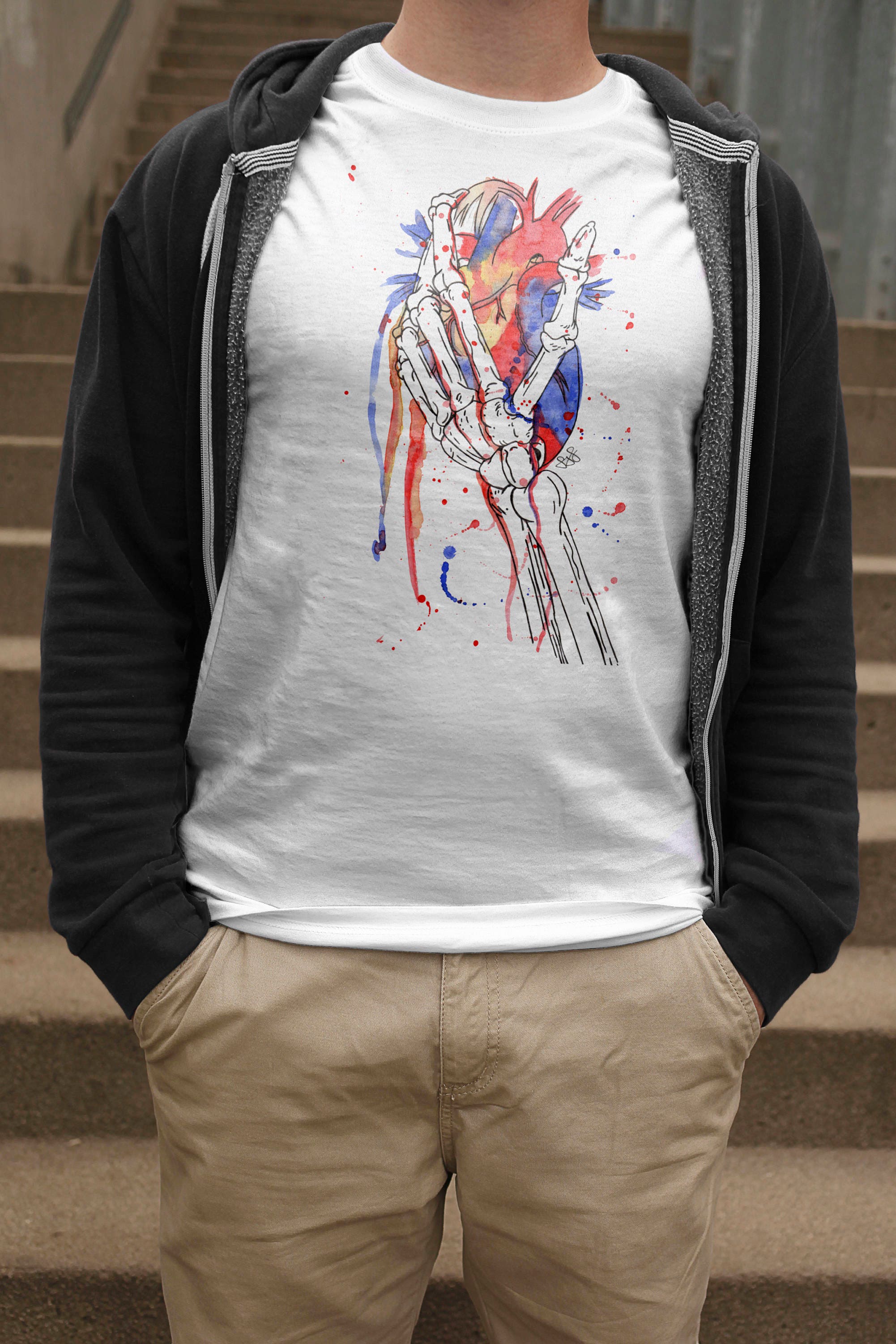 Image of Watercolour Heart T-Shirt, Mens Halloween Shirt, Skeleton Hand Tee, Anatomical Top, Real Outfit, Gore Lover Gift, Watercolor