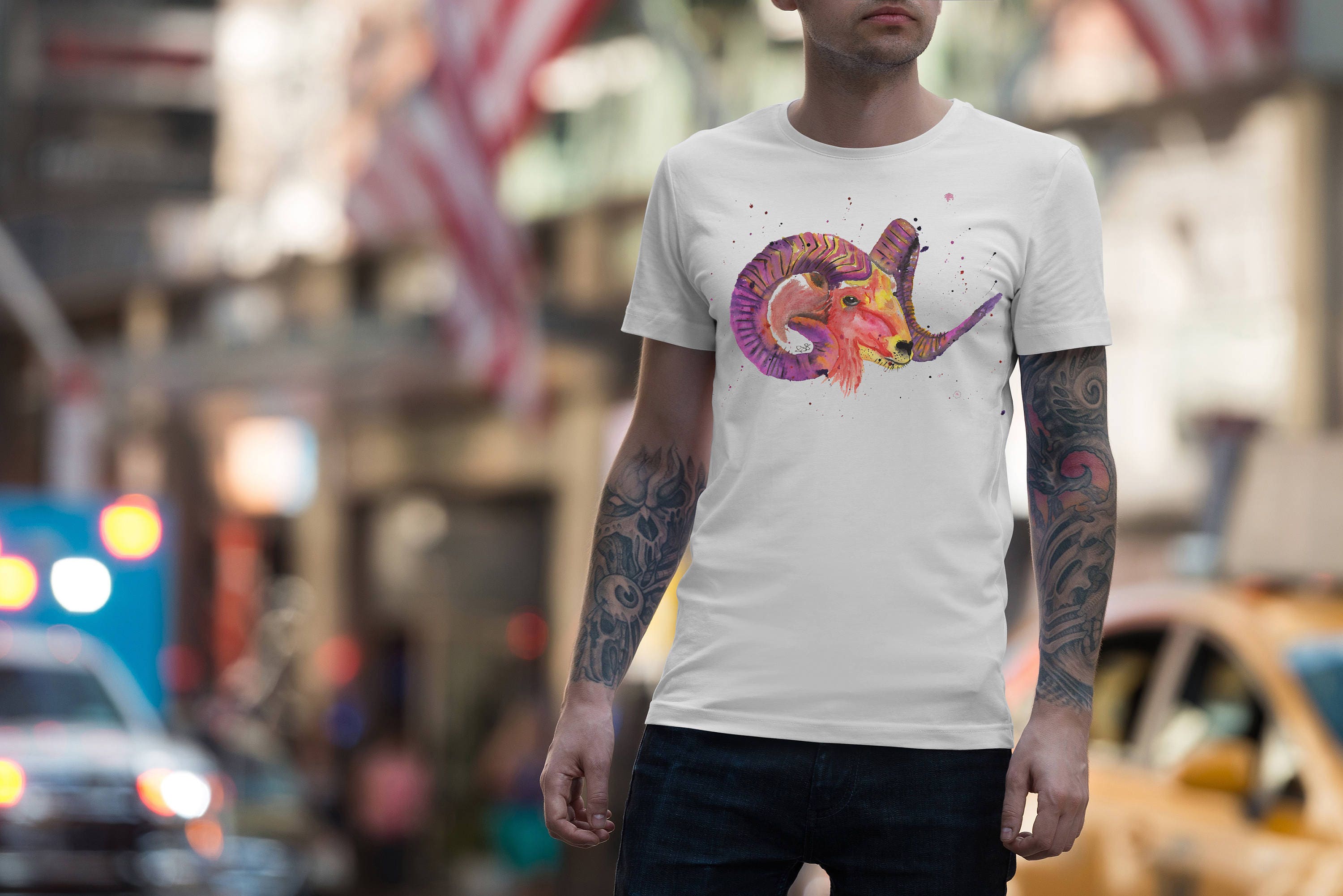 Image of Mens Ram T-Shirt, Mountain Goat Tshirt, Sheep Lover Shirt, Gifts For Him, Clothing, Man Gifts, Watercolour Rainbow Head, Fathers Day