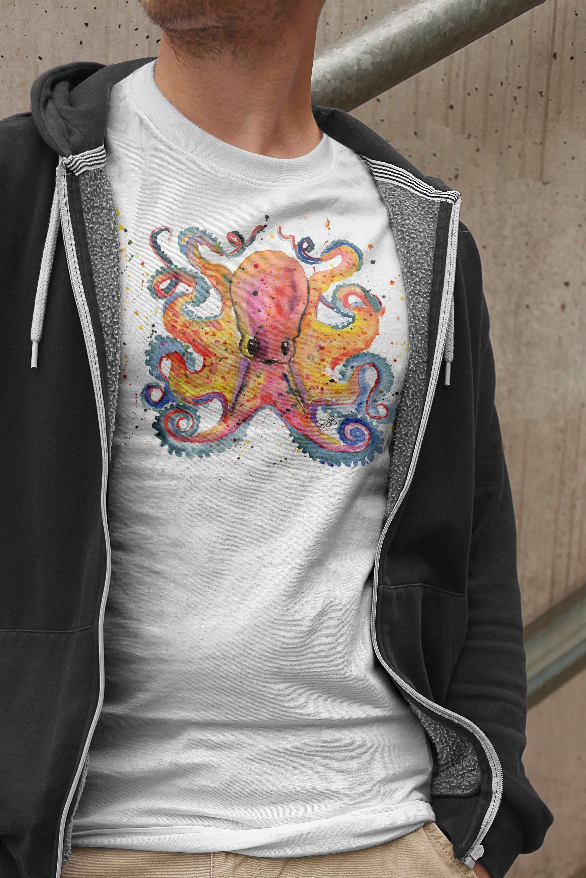 Image of Mens Octopus T-Shirt, Orange Tentacles Tshirt, Lover Shirt, Gifts For Him, Steampunk Present, Ocean Lover, Cute Pink