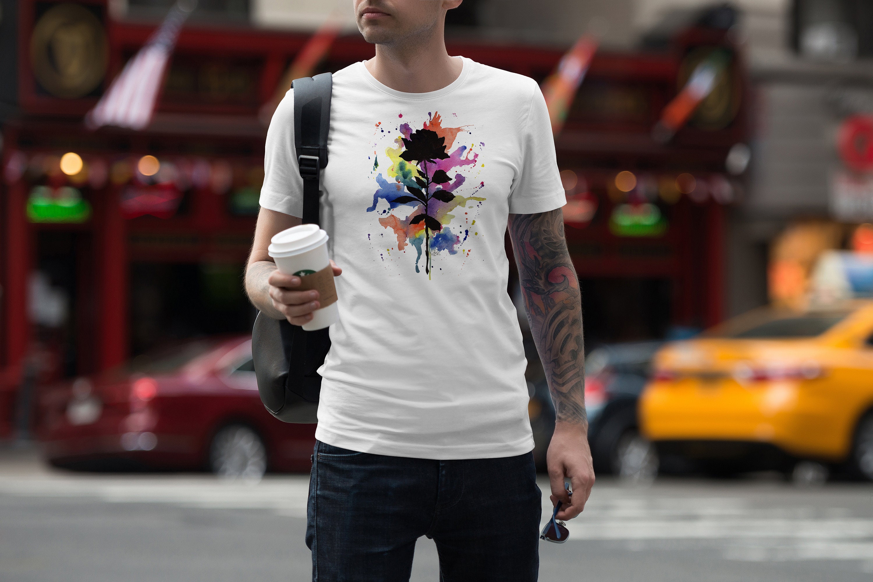 Image of Mens Rainbow Rose T-Shirt, Gardening Flower Floral Tee Top Shirt Gift