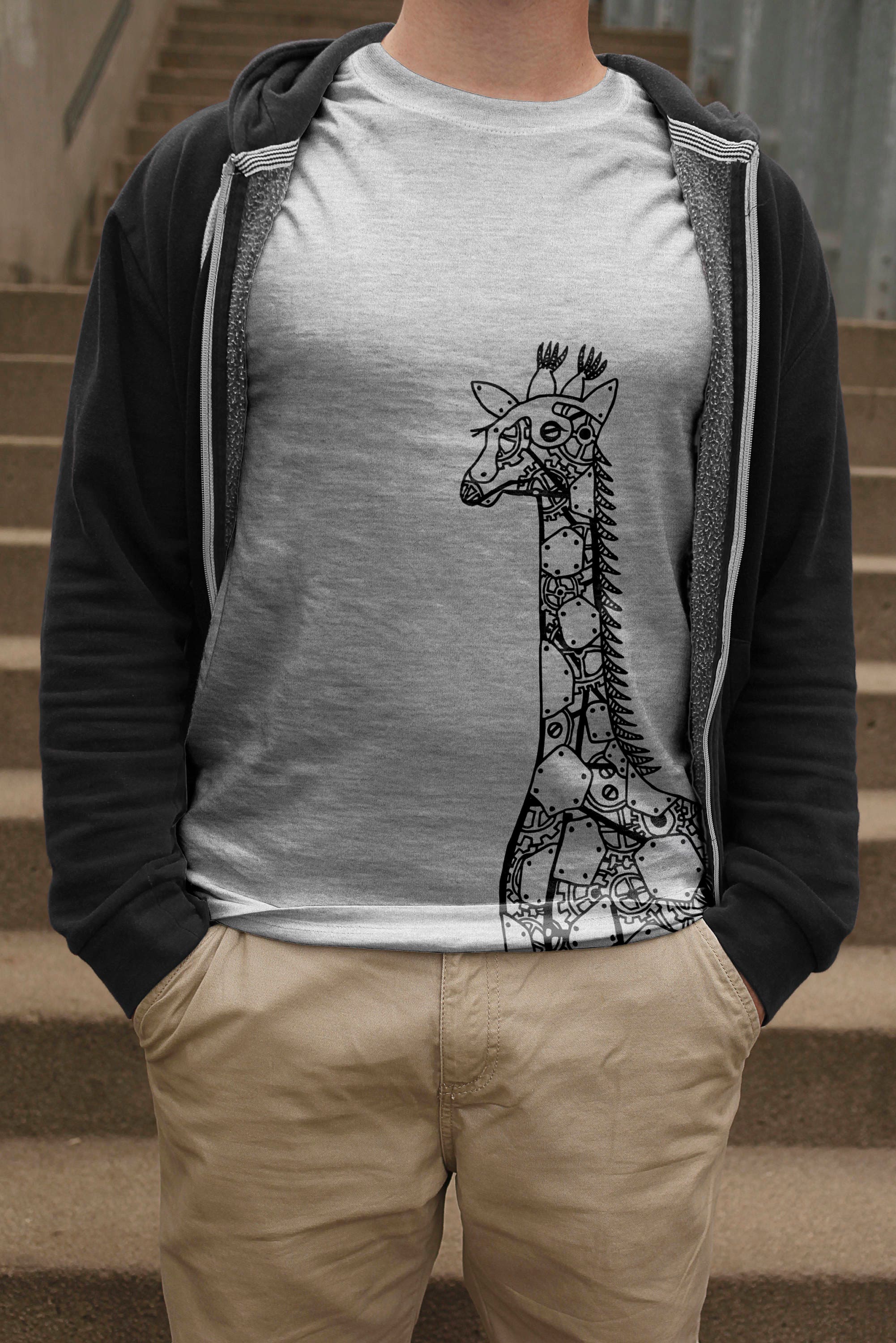 Image of Clockwork Giraffe T-Shirt, Unique Drawing Tee, Zoo Animal Tshirt, Steampunk Lover Gift, Boyfriend Birthday Shirt
