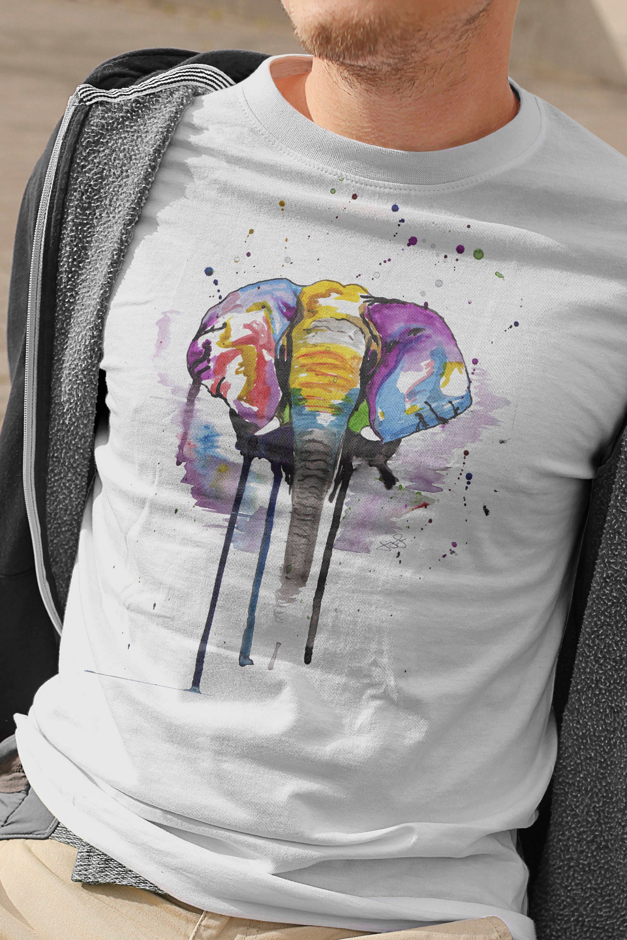 Image of Mens Elephant T-Shirt, Rainbow Tshirt, Lover Shirt, Gifts For Him, Clothing, Man Gifts, Watercolour Head