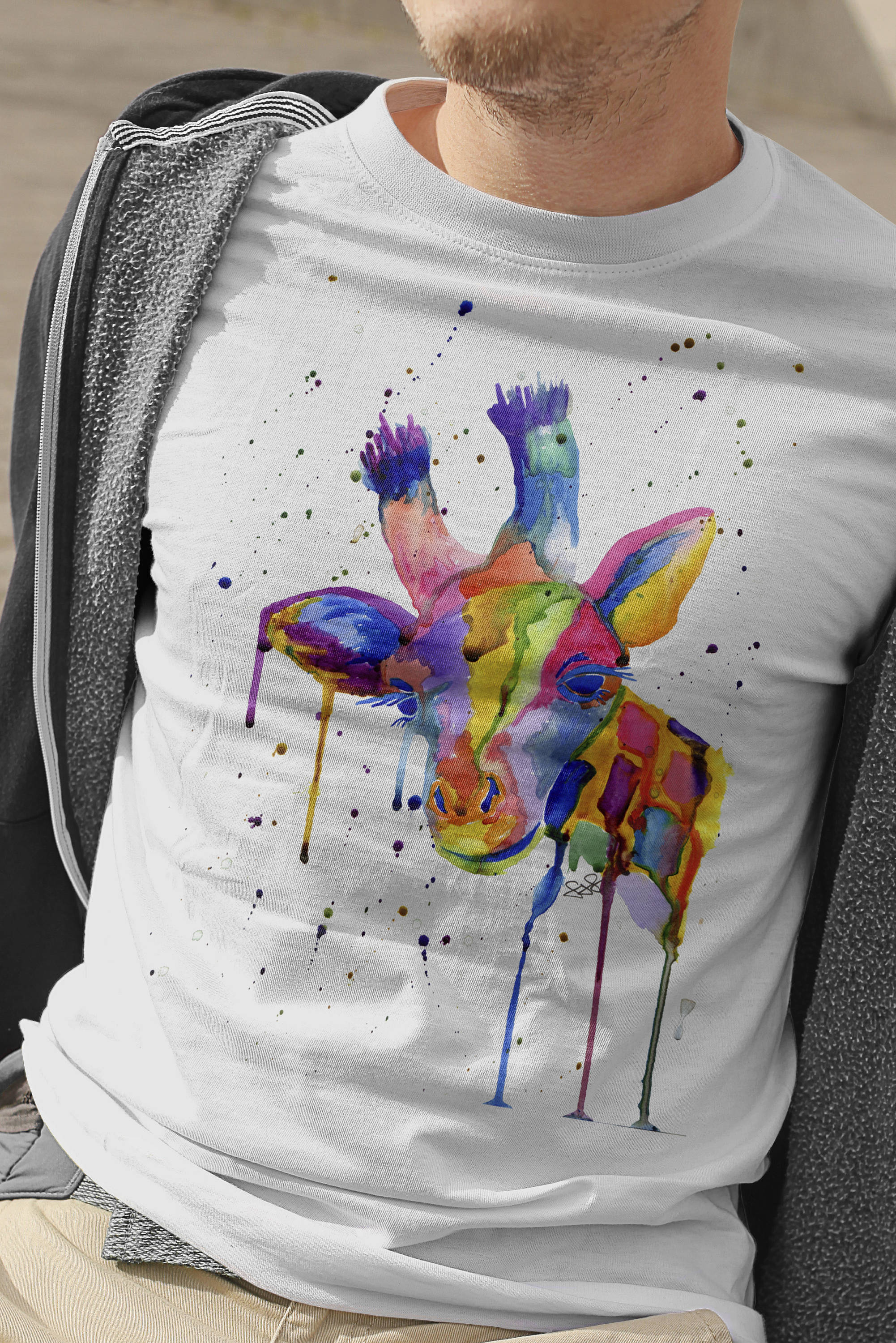Image of Mens Giraffe T-Shirt, Rainbow Tshirt, Watercolour Shirt, Gifts For Him, Lover Present, Painted Tee, Giraffes