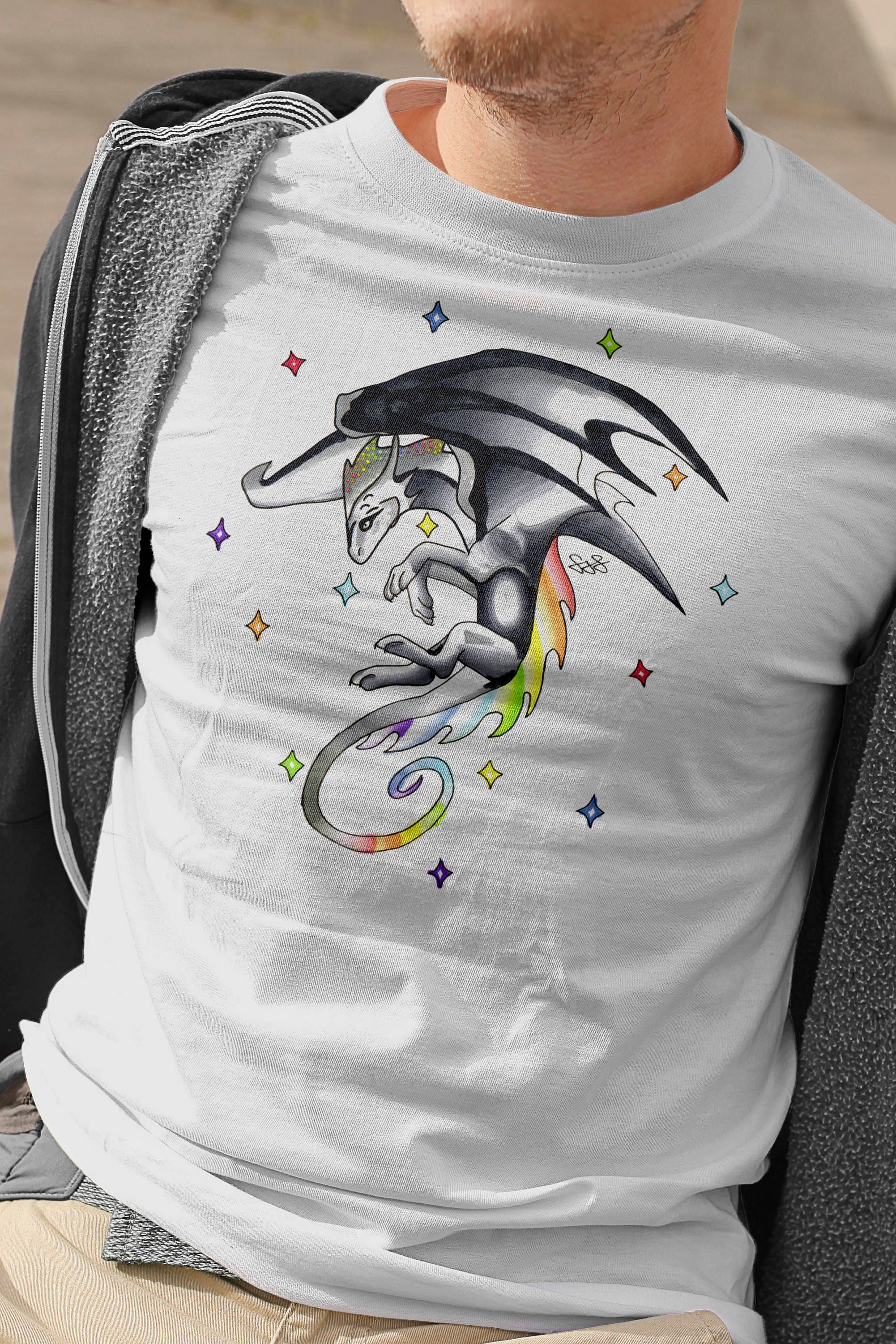 Image of Mens Dragon T-Shirt, Rainbow Tshirt, Watercolour Dragons Shirt, Gifts For Him, Lover Present, Painted Tee, Mythical