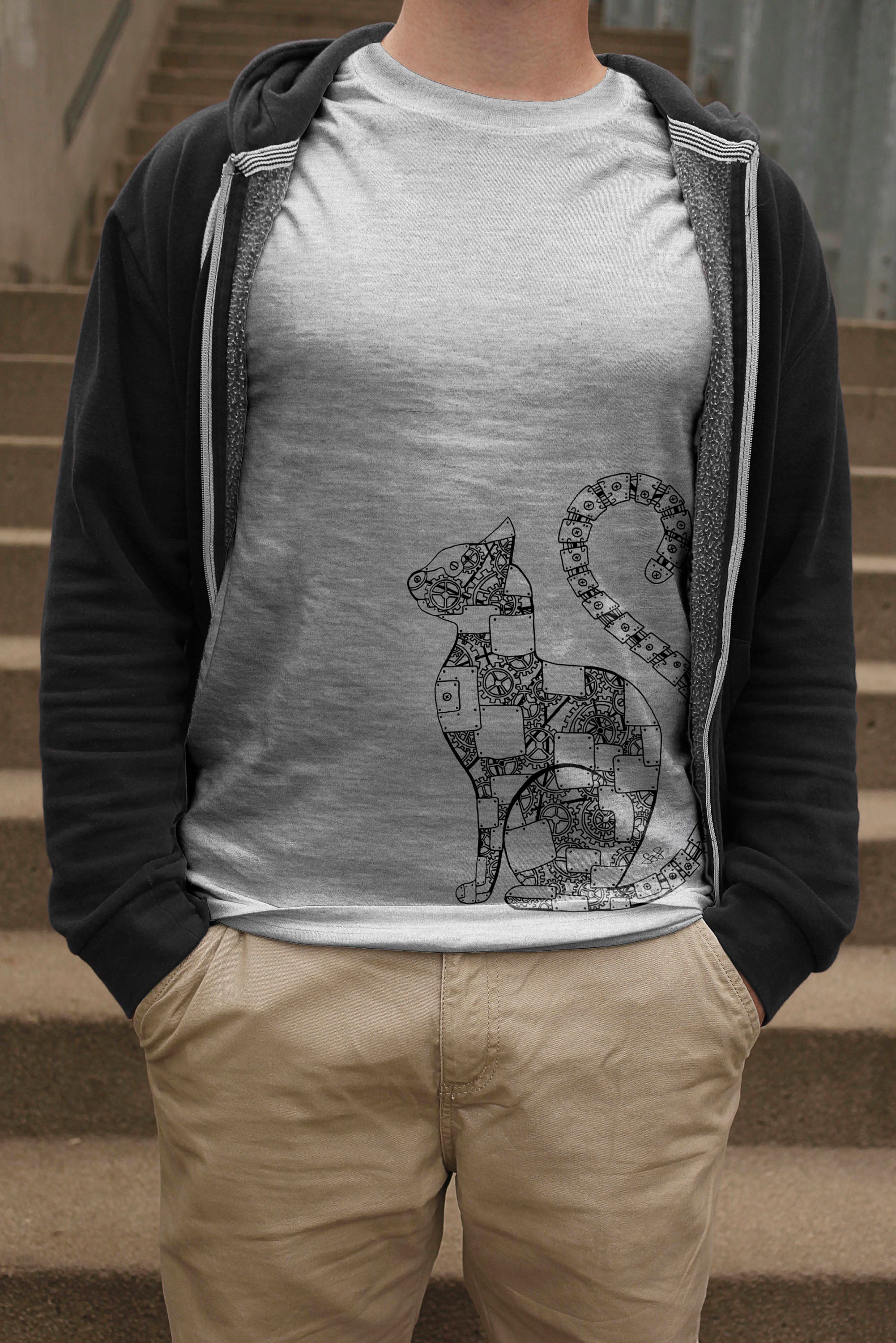 Image of Mens Cat T-Shirt, Robot Kitten Tshirt, Kitty Lover Shirt, Gifts For Him, Steampunk Clothing, Machine Tee, Mechanical Top
