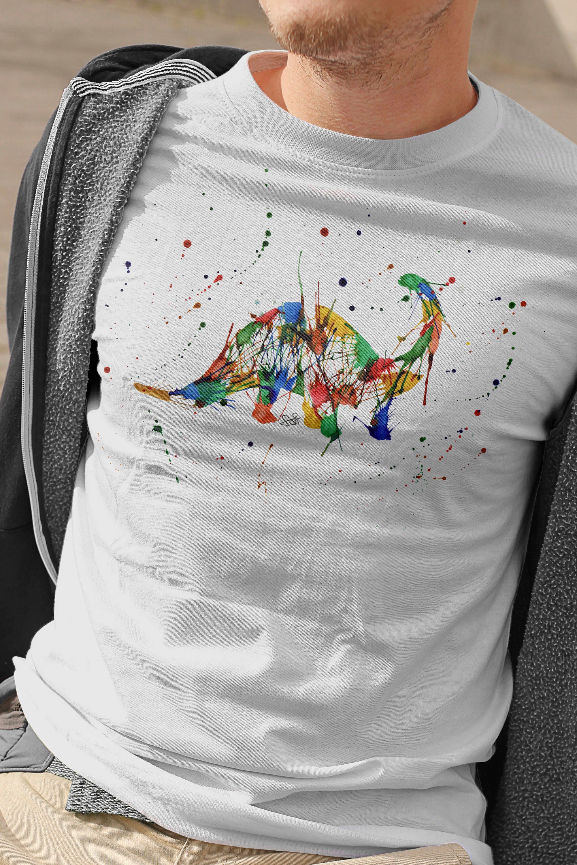 Image of Watercolour Dinosaur T-Shirt, Rainbow Dino Tshirt, Splatter Diplodocus Shirt, Gifts For Him, Lover Tee, Gift Long Neck