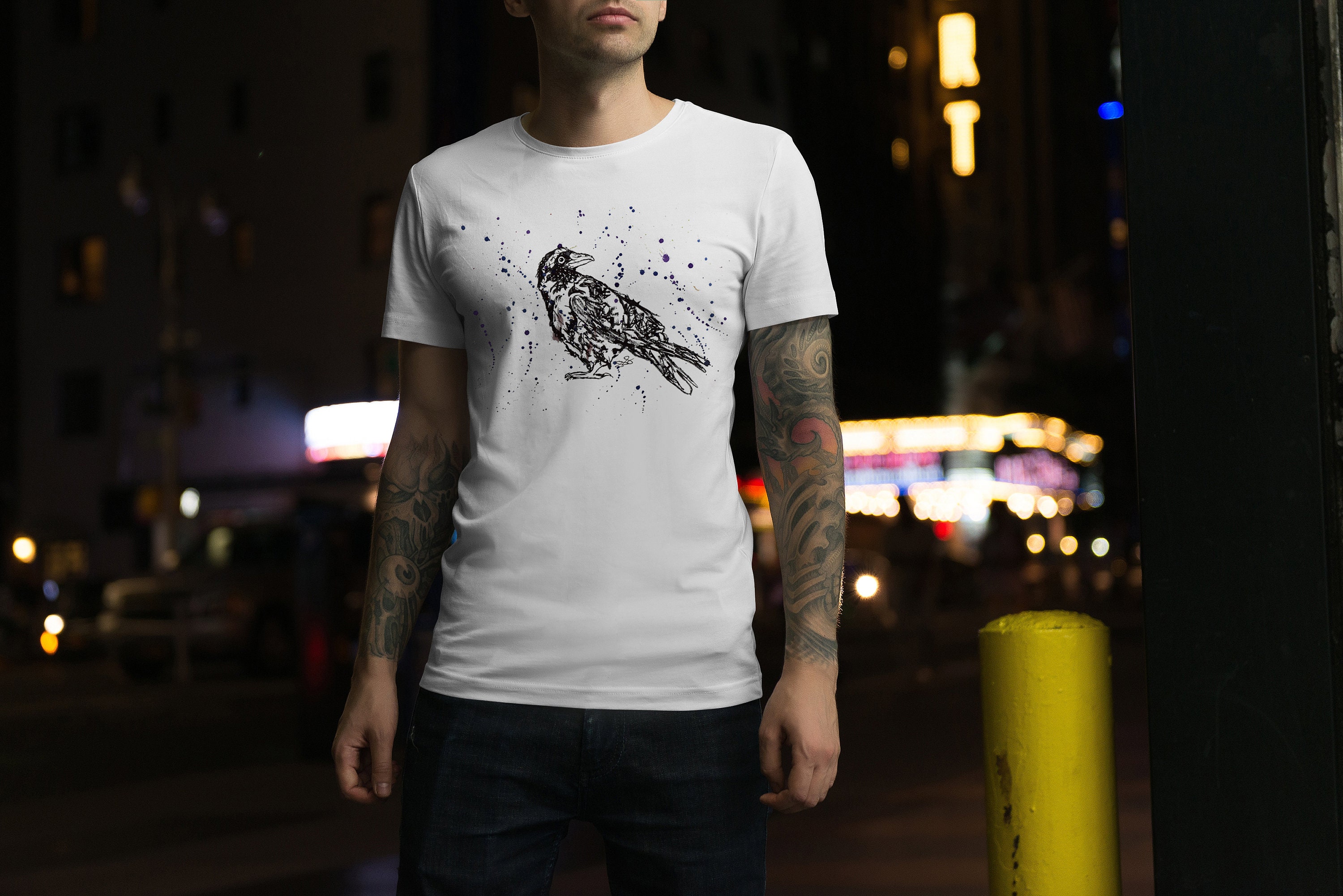 Image of Mens Raven T-Shirt, Black Bird Tshirt, Abstract Crow Shirt, Lover Gift, Halloween Present, Gifts For Him, Man Gifts