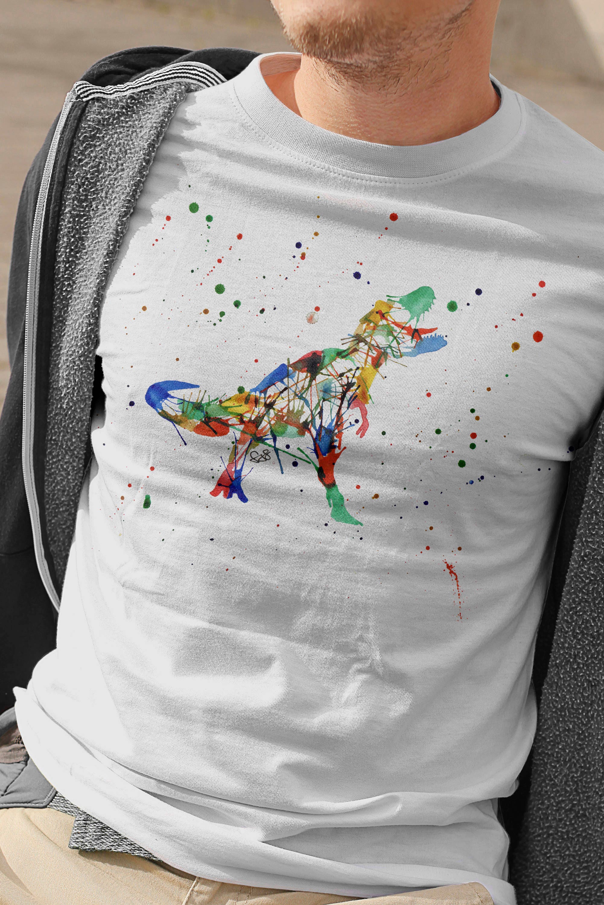 Image of Rainbow Tyrannosaurus T-Shirt, Abstract T-Rex Tshirt, Watercolour Dinosaur Shirt, Gifts For Him, Dino Lover Present, Rex Tee