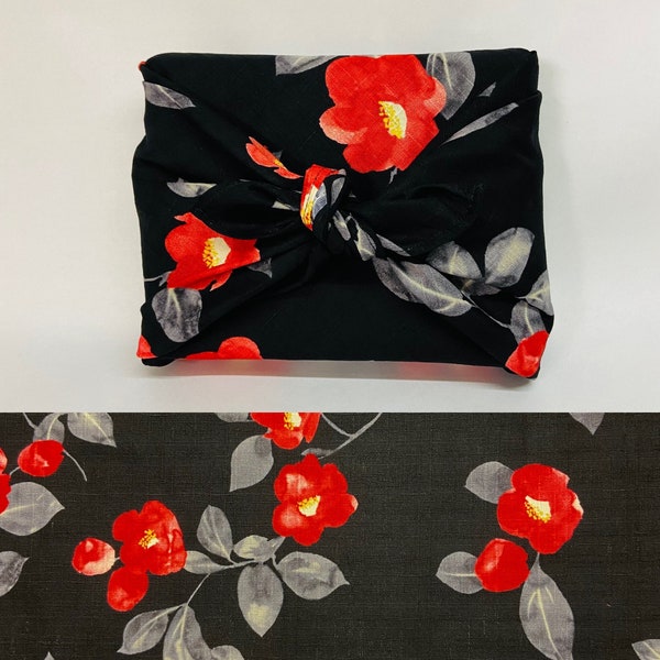 Furoshiki in Japanese printed cotton pattern Tsubaki/Camellia red black background in several sizes