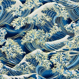 Furoshiki en coton imprimé japonais motif vague doré fond bleu , plusieurs tailles image 3