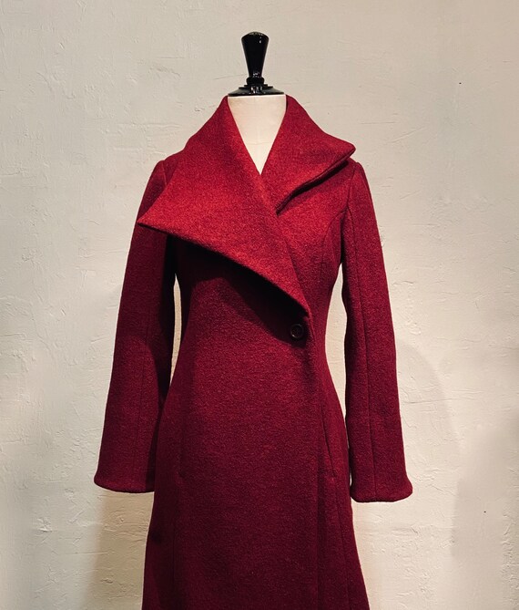 Close fitting Burgundy Boiled Wool Coat With Large Asymmetrical