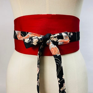 Ceinture Obi réversible et réglable en coton imprimé japonais motif Koï /Carpe et cerisier fond noir et uni rouge ou noir taille haute image 4