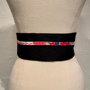 Ceinture réversible coton imprimé japonais en rouge/rose et uni coton noir pour femme taille haute image 4