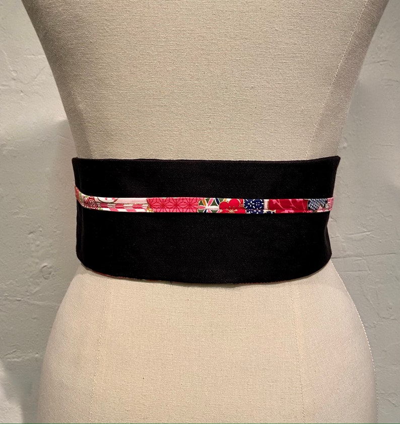 Ceinture réversible coton imprimé japonais en rouge/rose et uni coton noir pour femme taille haute image 4