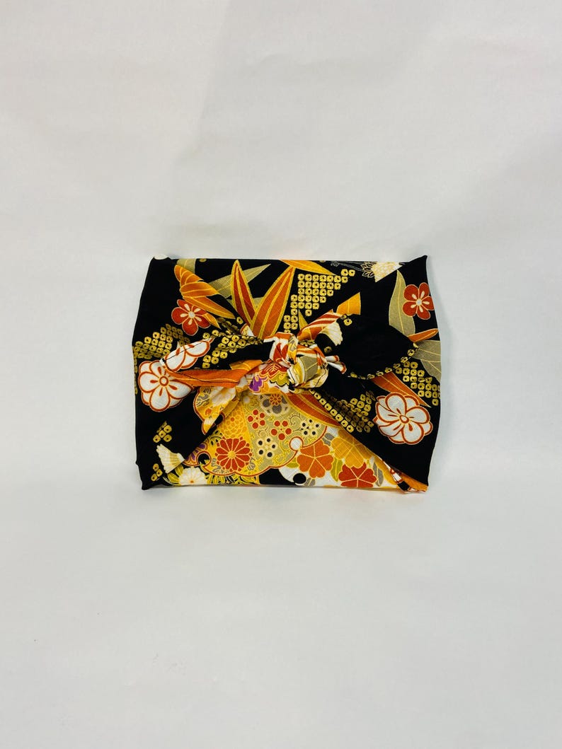 Japanese Printed Cotton Furoshiki With Bamboo/flower Pattern, Black