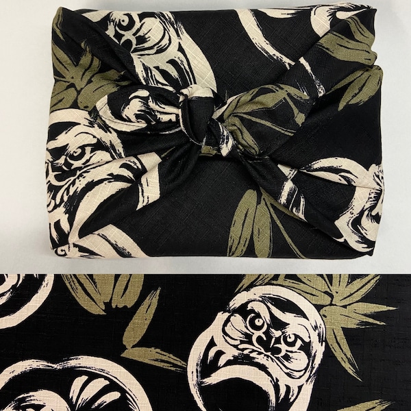 Furoshiki in Japanese printed cotton Daruma/bamboo pattern black background, several sizes