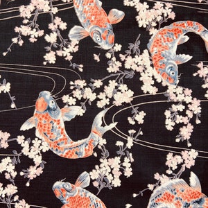 Ceinture Obi réversible et réglable en coton imprimé japonais motif Koï /Carpe et cerisier fond noir et uni rouge ou noir taille haute image 6