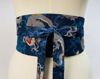 Omkeerbare en verstelbare Obi-riem van Japans bedrukt katoen, drakenpatroon, marineblauwe en effen blauwe achtergrond, hoge taille