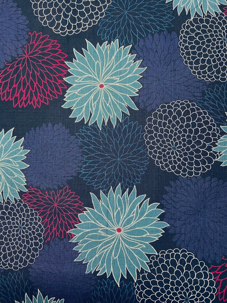 Ceinture Obi réversible et réglable en coton imprimé japonais motif chrysanthème fond bleu marine et uni bleu marine taille haute image 6