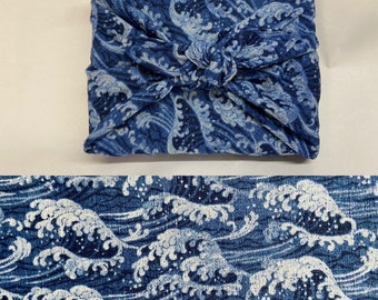 Furoshiki en denim de algodón estampado japonés con estampado de ondas azules, varias tallas