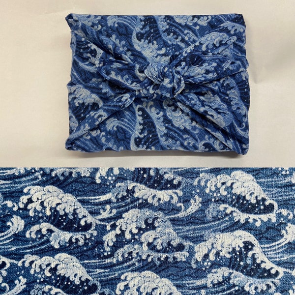 Furoshiki en coton imprimé japonais motif vague bleu denim  , plusieurs tailles