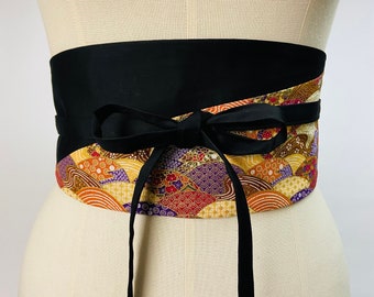Wendbarer und verstellbarer zweifarbiger Obi-Gürtel aus bedruckter japanischer Baumwolle mit Fächermuster und einfarbigem Schwarz, hoher Taille.