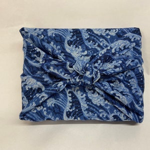 Furoshiki in Japanese printed cotton denim blue wave pattern, several sizes image 2