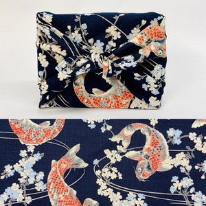 Furoshiki in Japanese printed cotton carp/KoÏ pattern and light blue cherry tree, navy blue background, several sizes