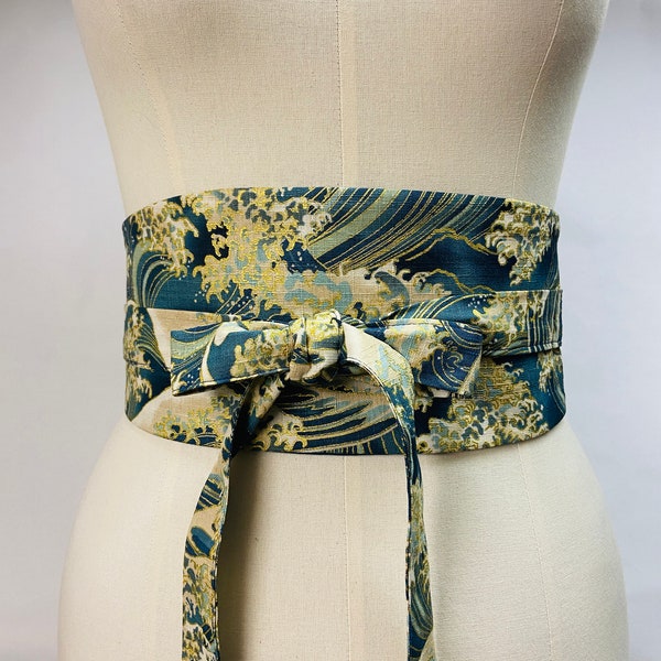 Reversible and adjustable Obi belt in Japanese printed cotton wave pattern blue/green background with plain blue/green. Tall