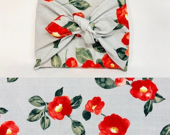 Furoshiki in Japanese printed cotton pattern Tsubaki/Camellia red gray background in several sizes