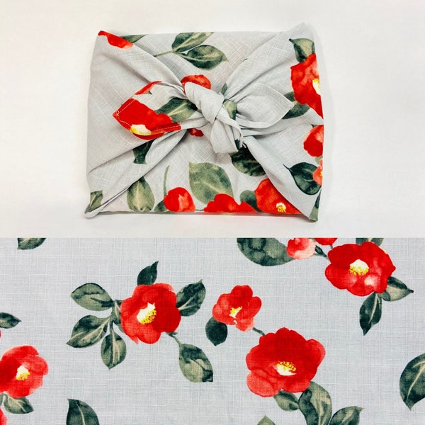 Furoshiki in Japanese printed cotton pattern Tsubaki/Camellia red gray background in several sizes